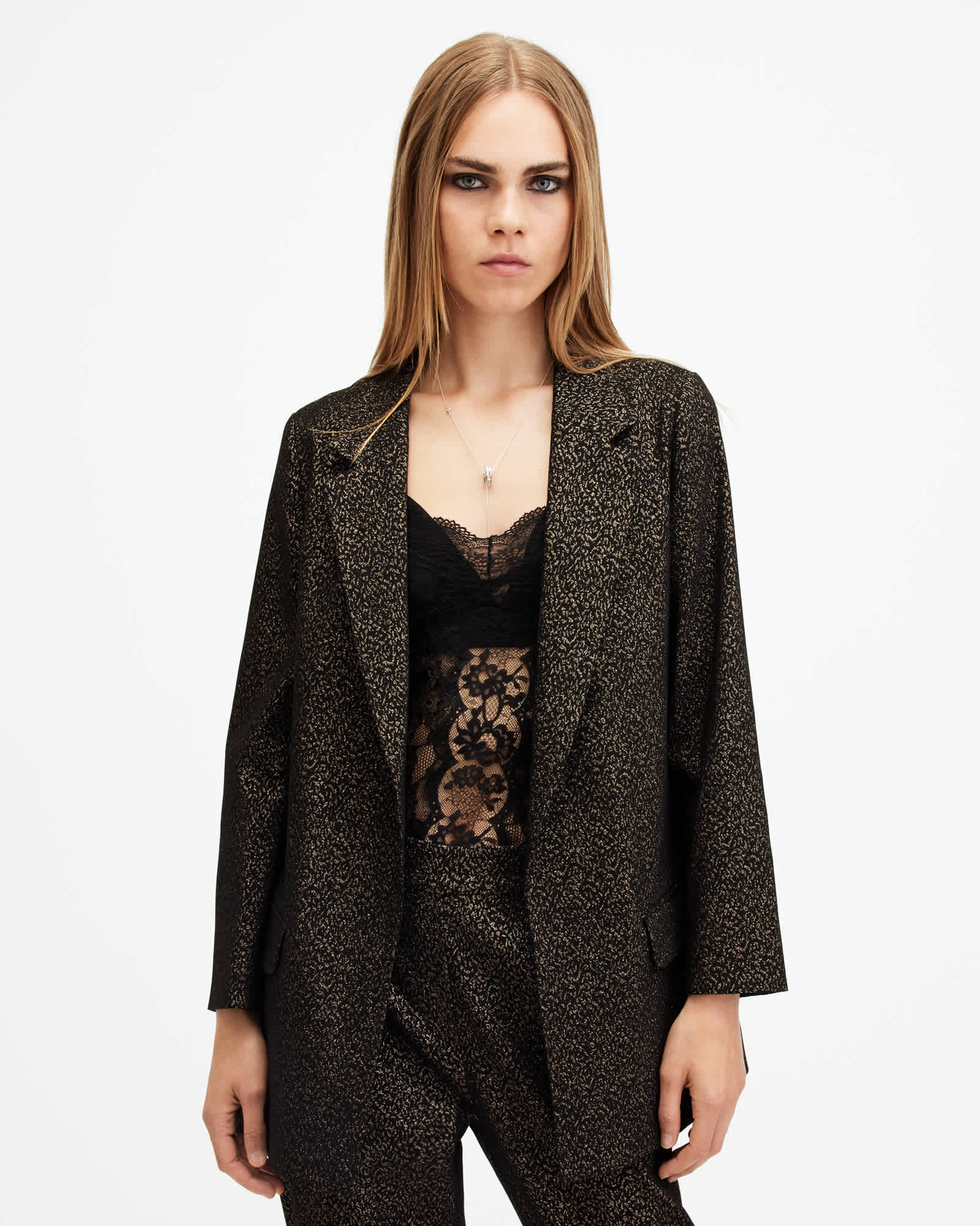 Allsaints Women's Gold Aleida Leopard Print Shimmer Blazer - Size  8
