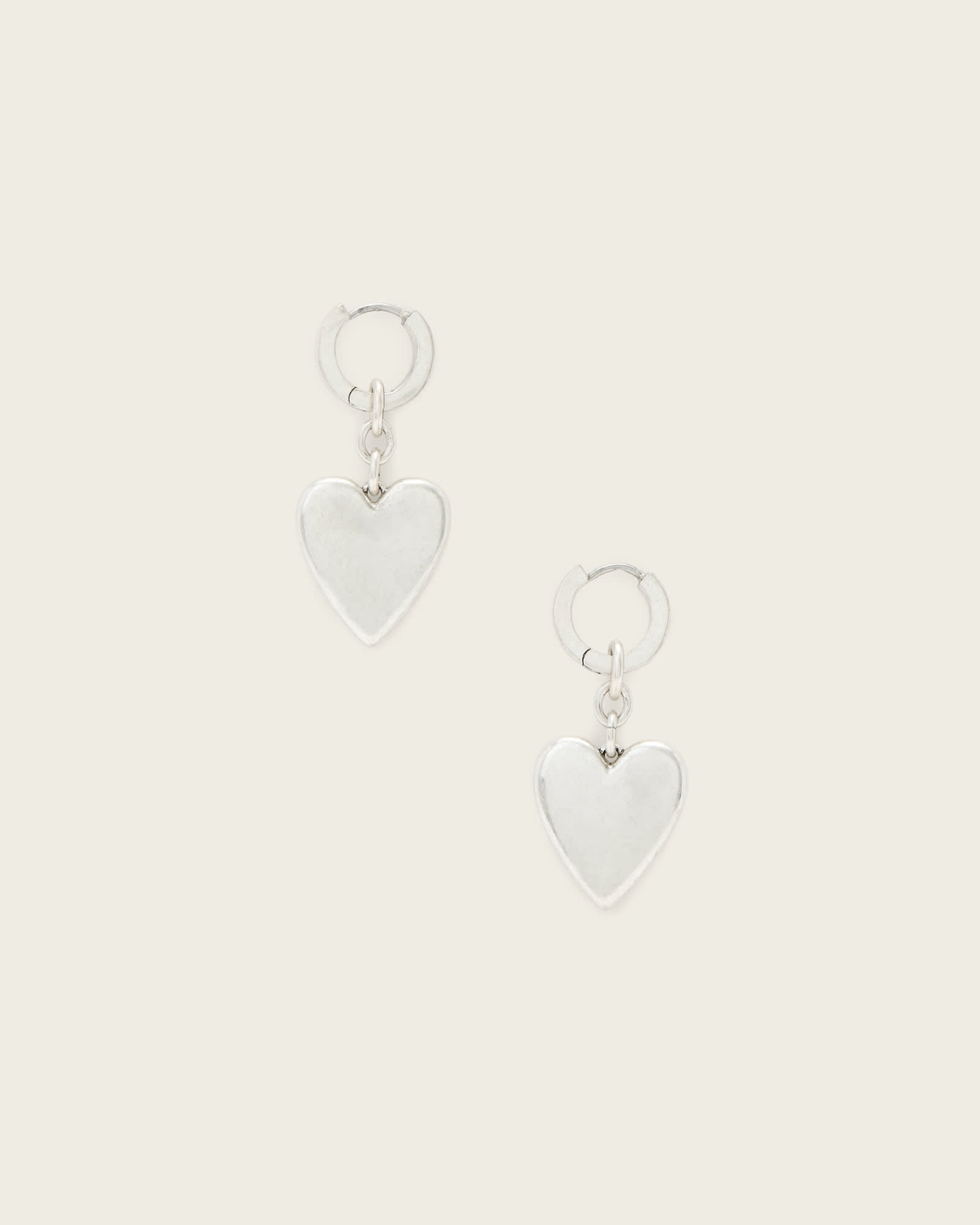 AllSaints Lia Heart Huggie Earrings,, Warm Silver