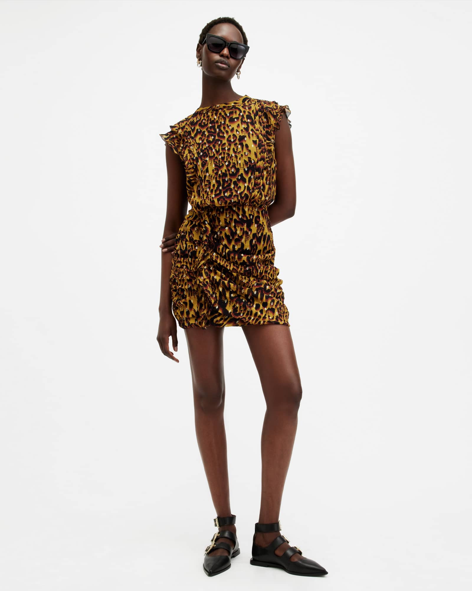 AllSaints Hali Animal Print Ruffle Mini Dress,, Yellow/Brown