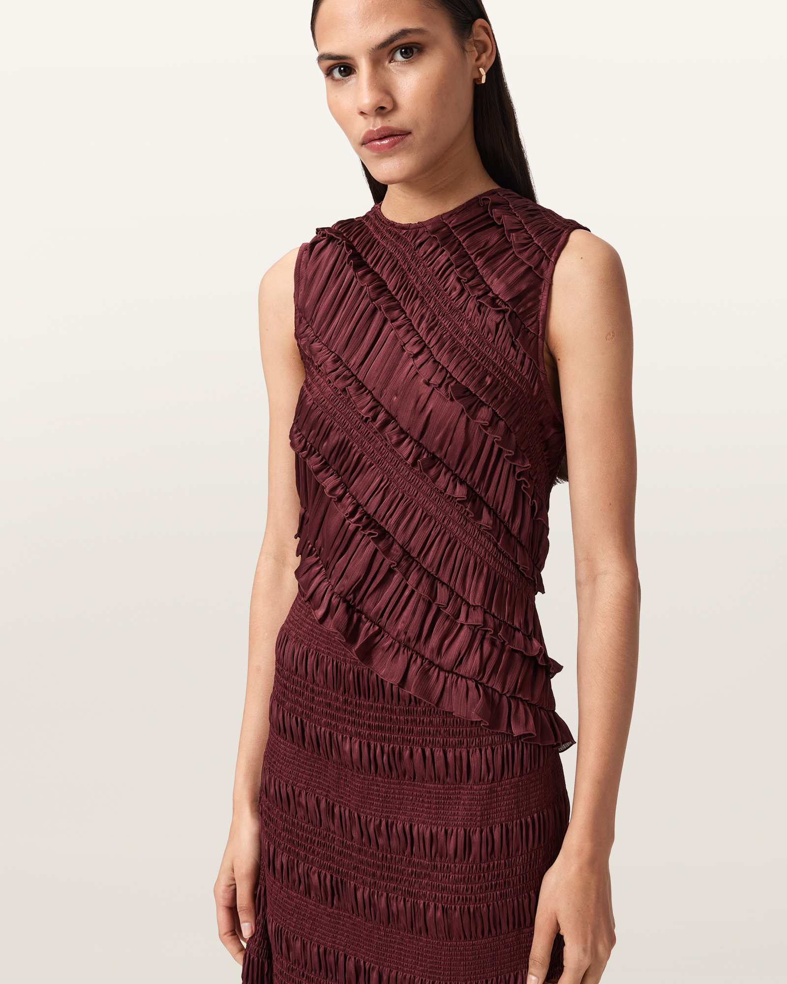 Allsaints Nyla Ruffled Midi Dress In Burgundy