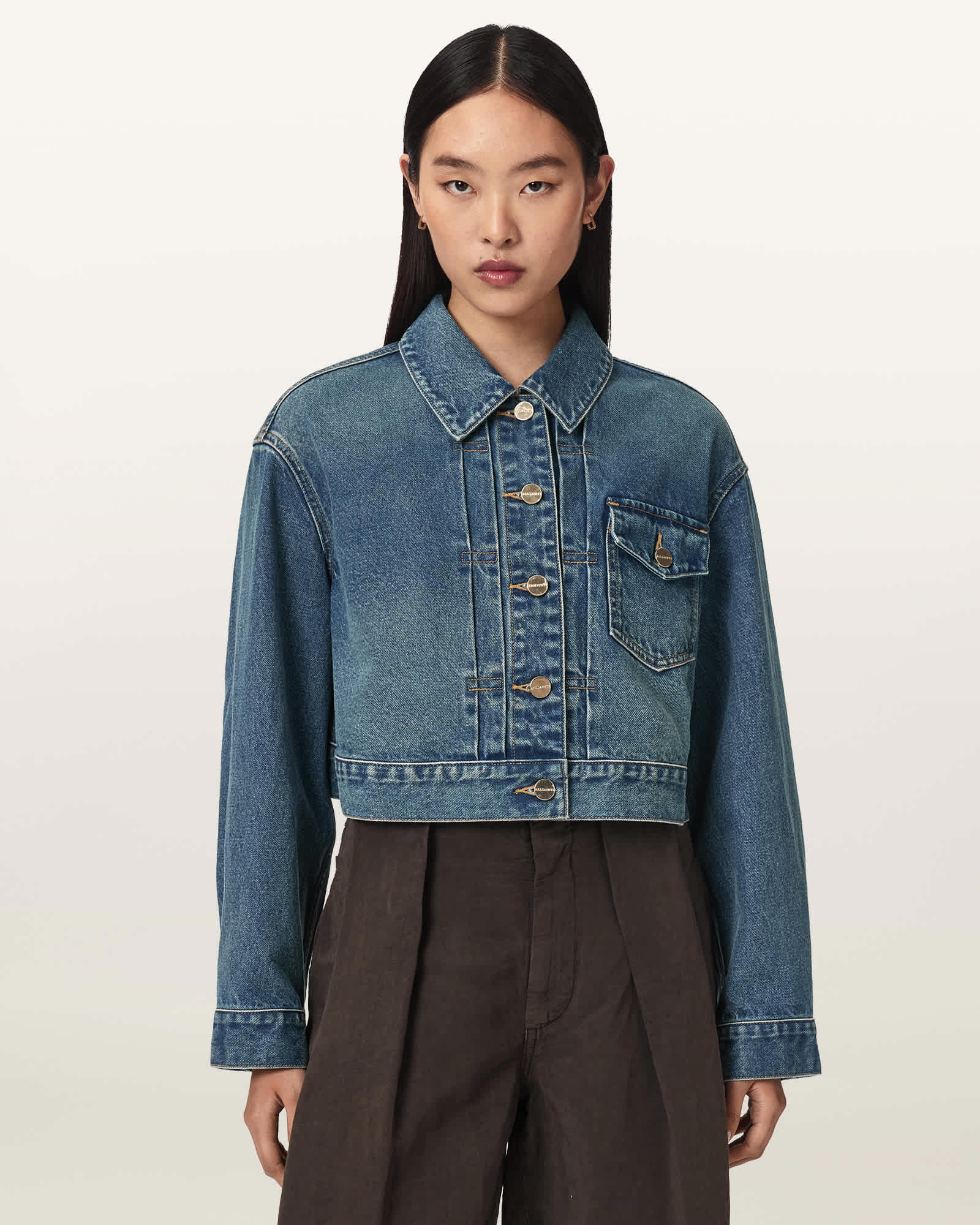 Allsaints Blink Cropped Denim Jacket In Blue