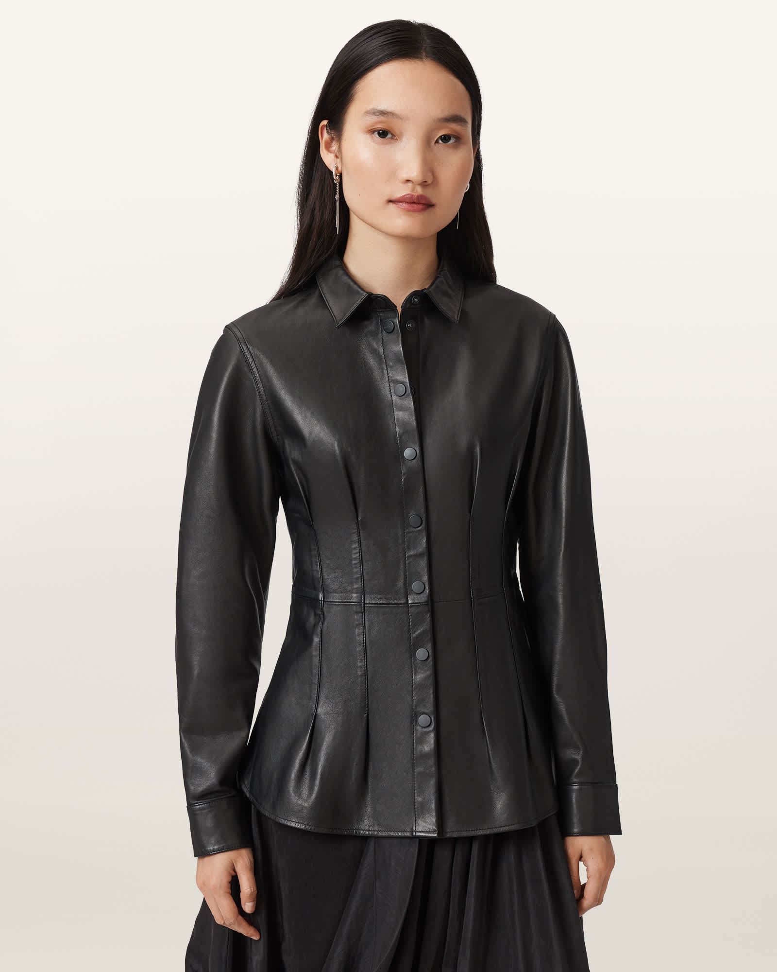 Allsaints Women's Black Larson Leather Pleated Shirt - Size  10