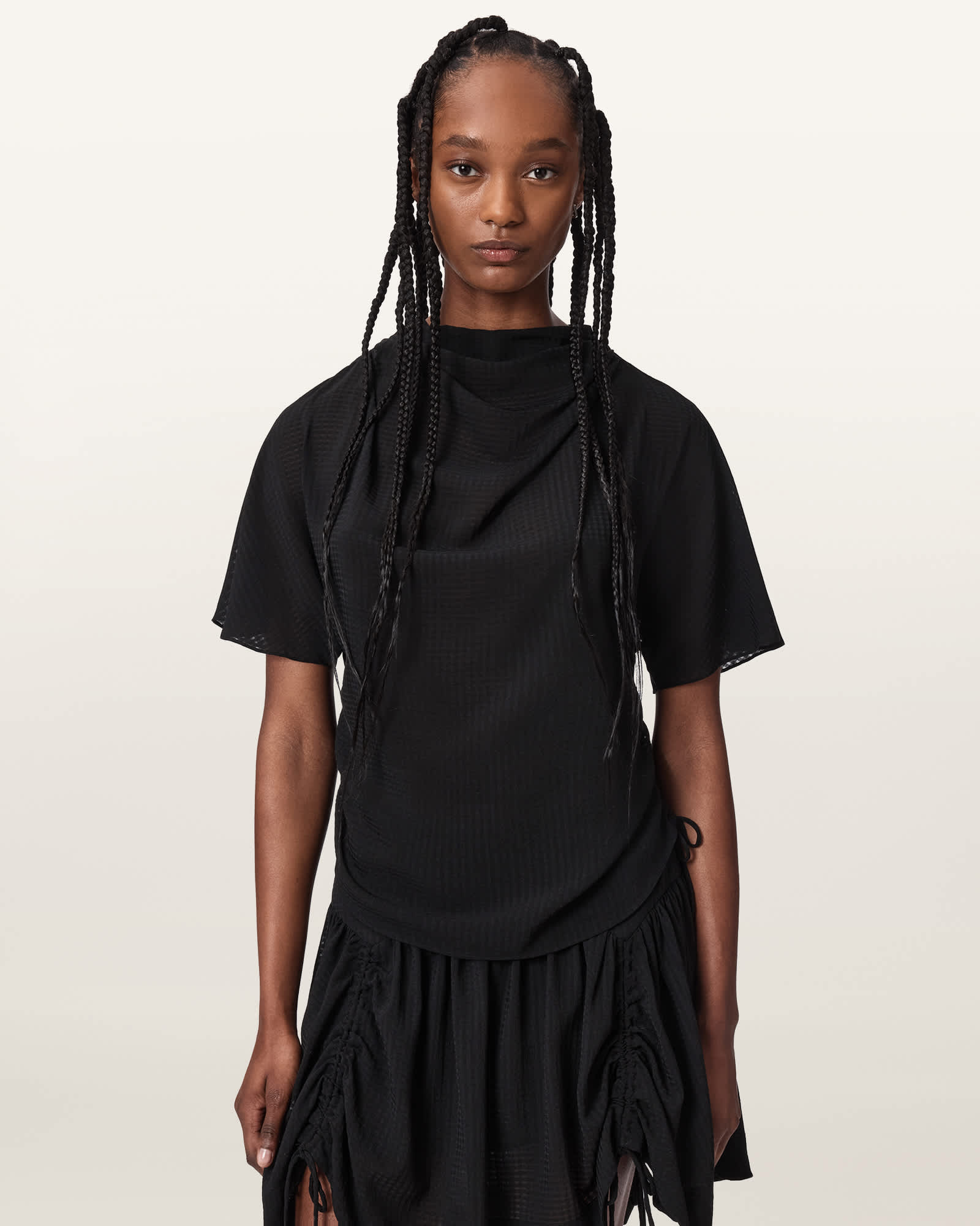 Allsaints Women's Black Leslie Half Sleeve Cowl Neck Top - Size  10