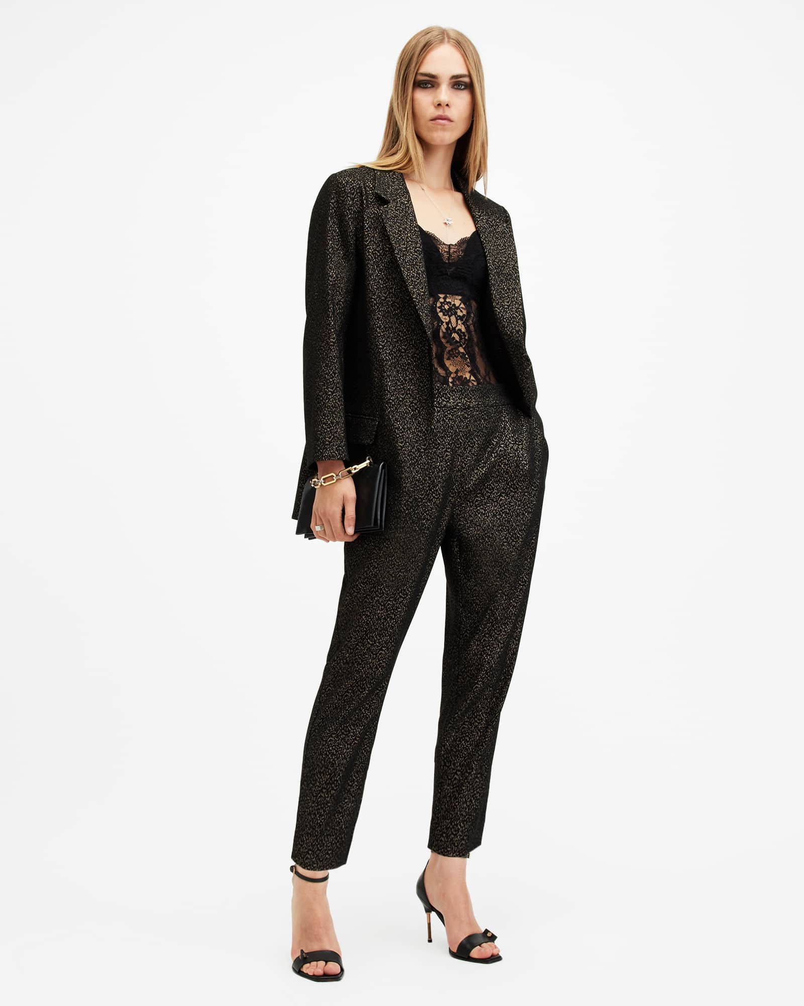 Allsaints Women's Gold Aleida Leopard Jacquard Shimmer Trousers - Size  14