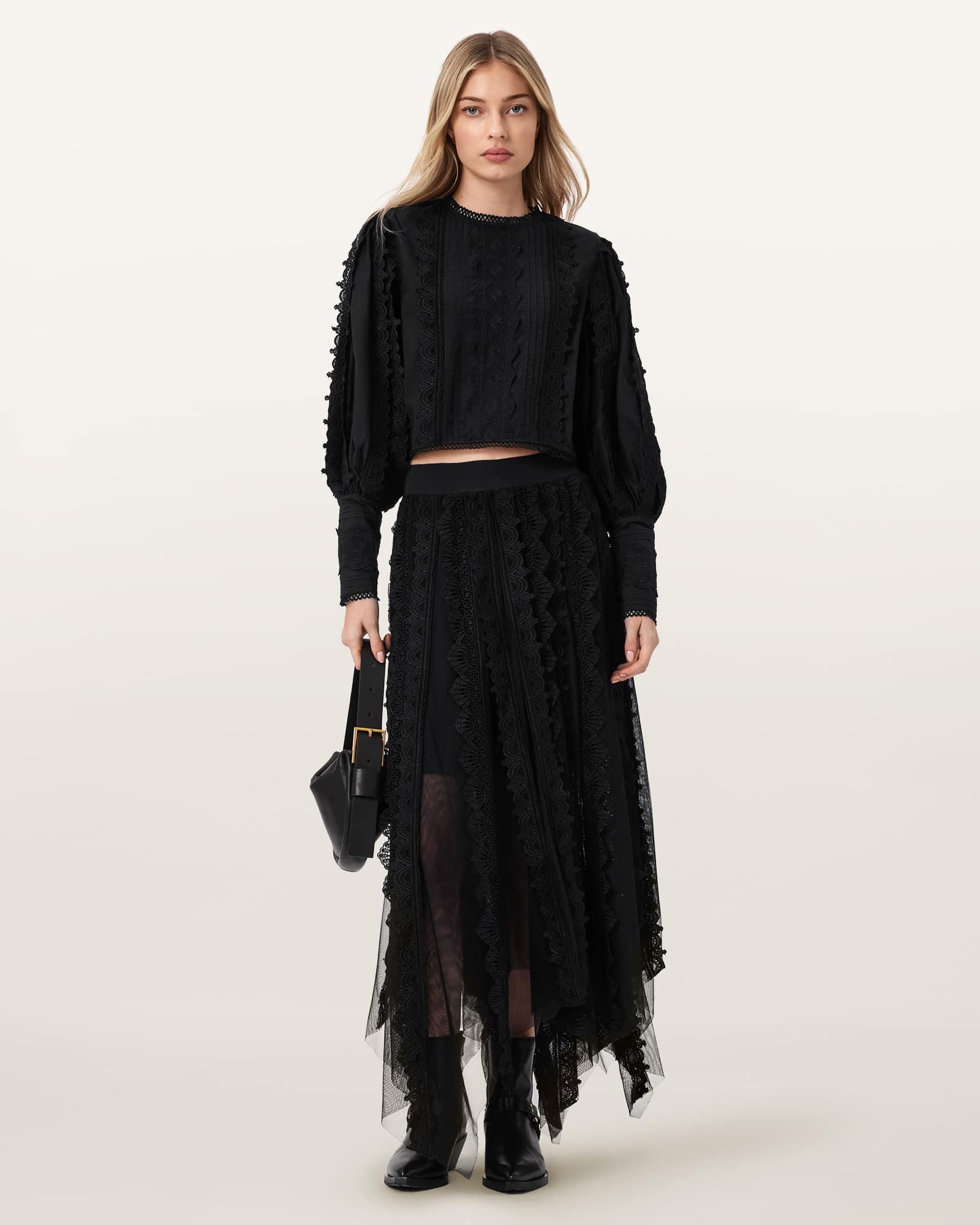 AllSaints Polyester Vashtie Lace Maxi Skirt, Size: UK 12/US 8