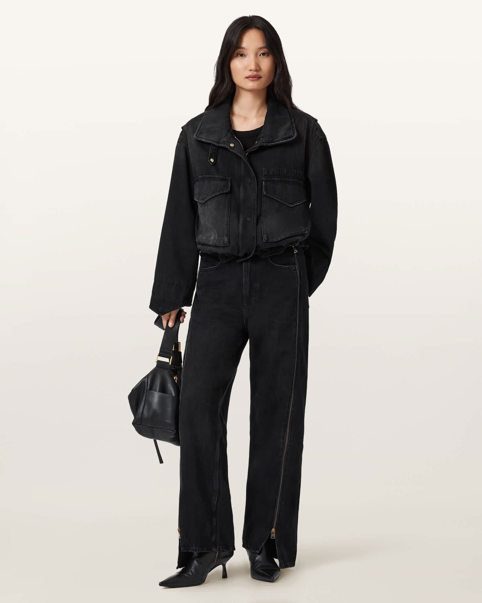 Allsaints Frankie Double Zip Jeans In Black