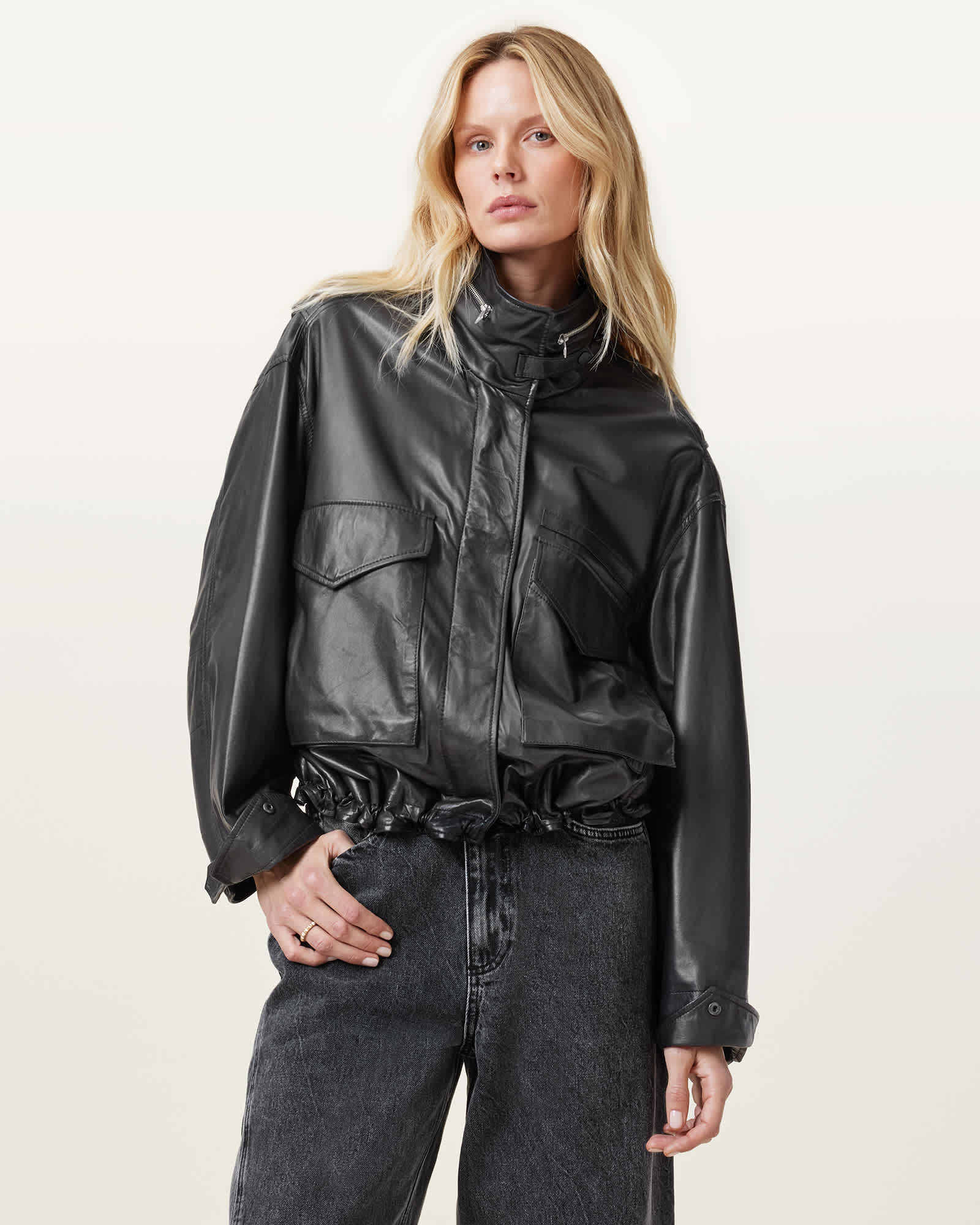 Allsaints Women's Black Clay Funnel Neck Cropped Leather Jacket - Size  S