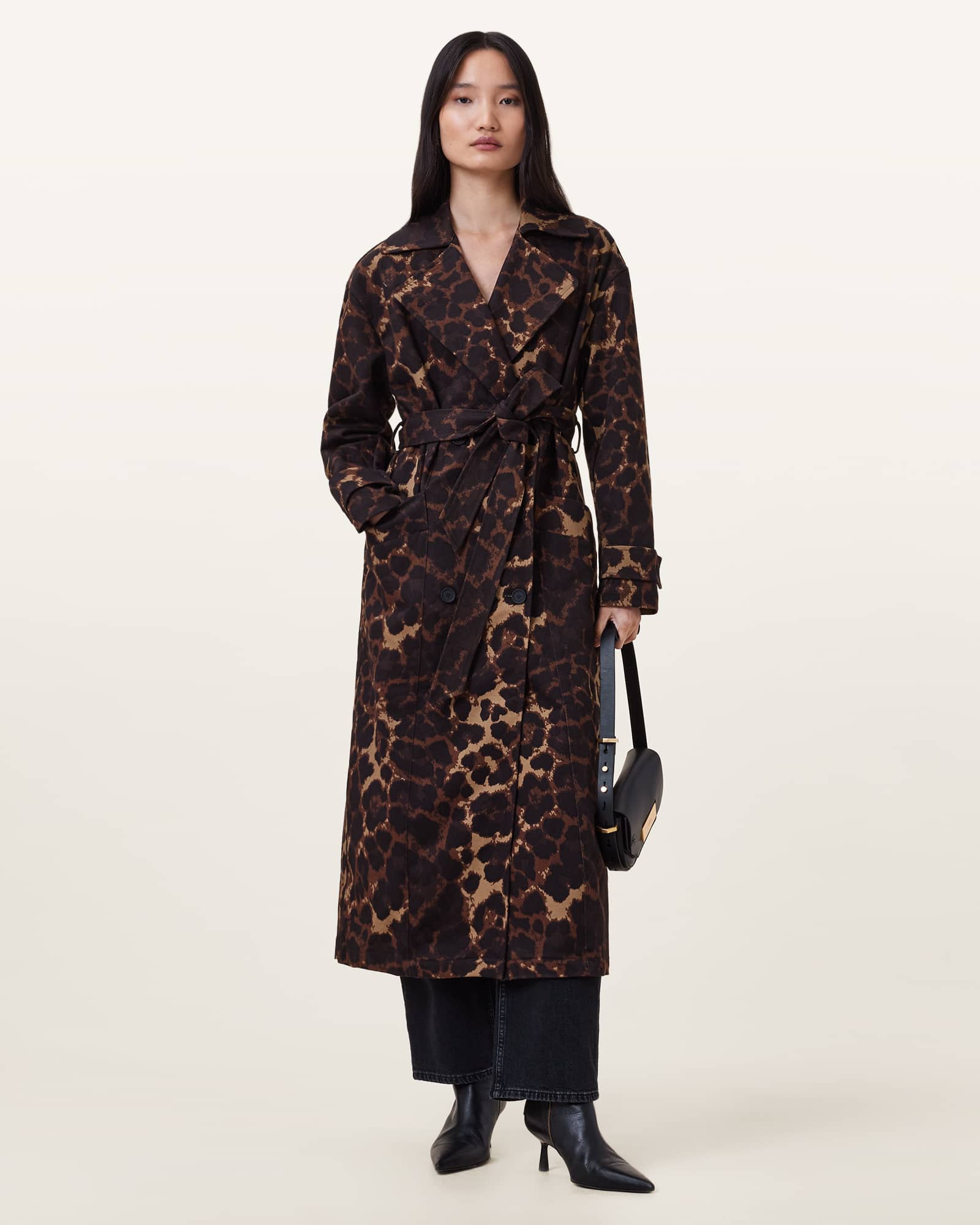 AllSaints Abel Leopard Print Trench Coat,, Dark Brown