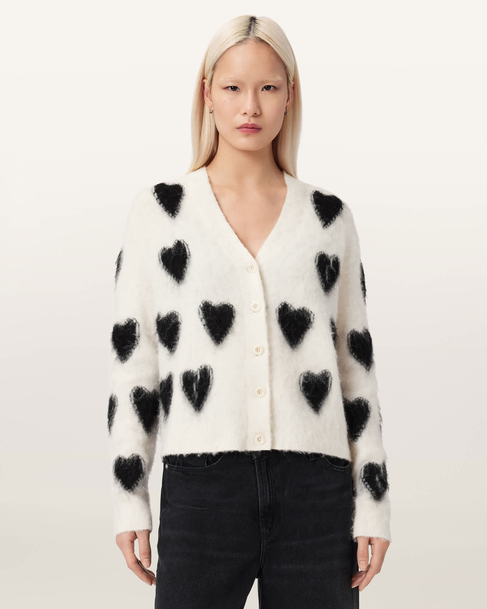 AllSaints Scatter Heart Cardigan,, Chalk White/Black