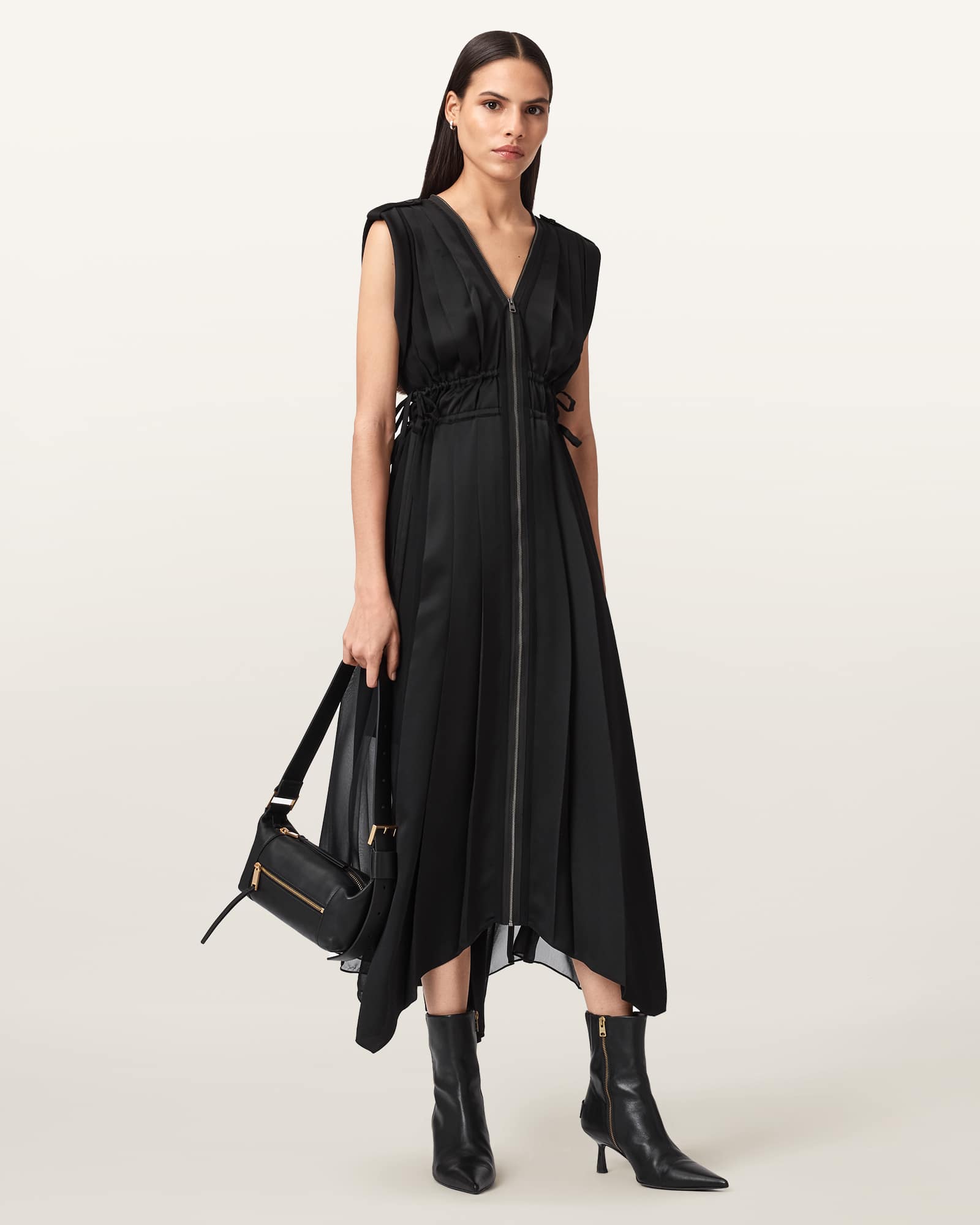 AllSaints Amala Zip Detail Midi Dress,, Black