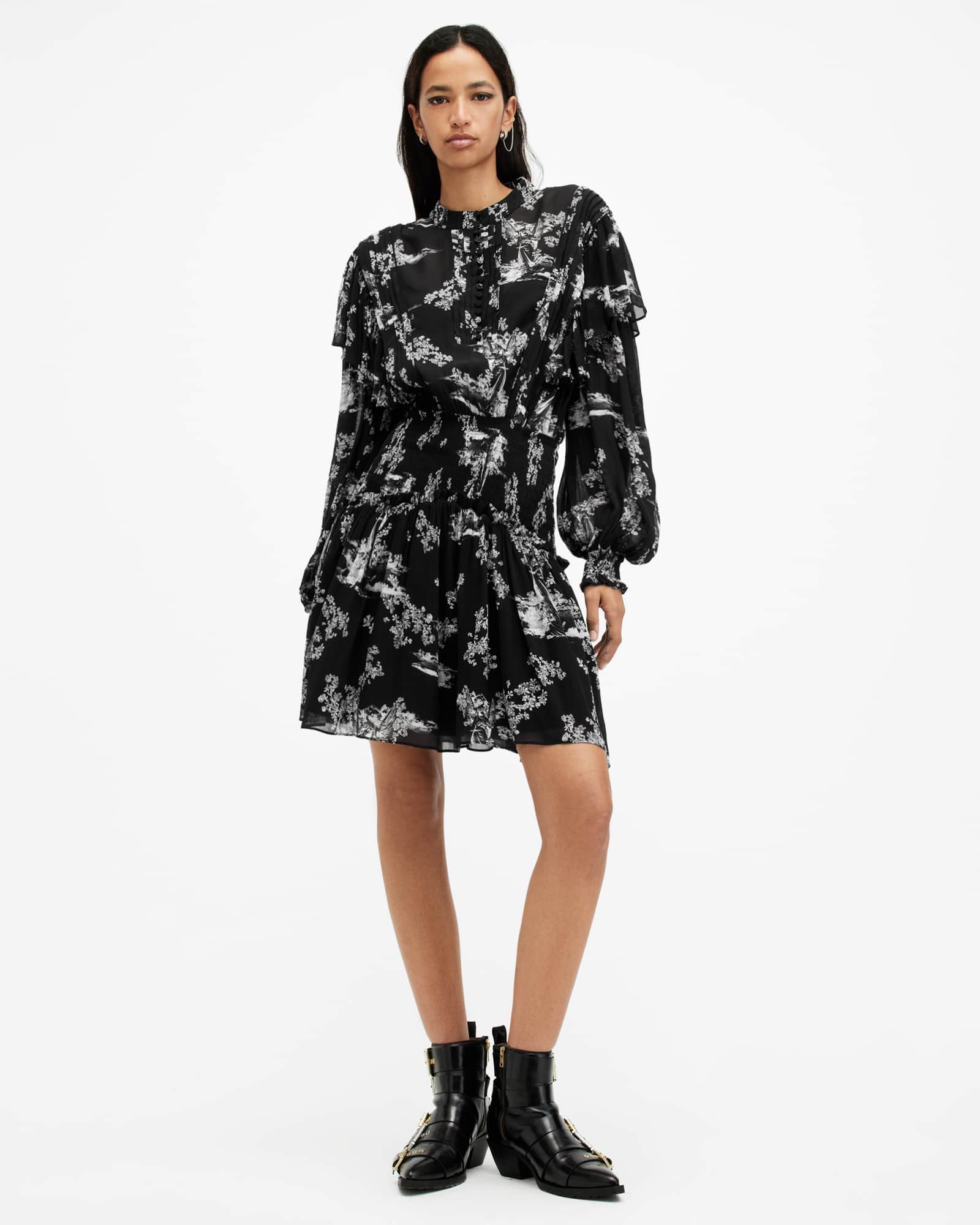 Allsaints Women's Aubrey Sheer Frill Mini Dress - Size  16