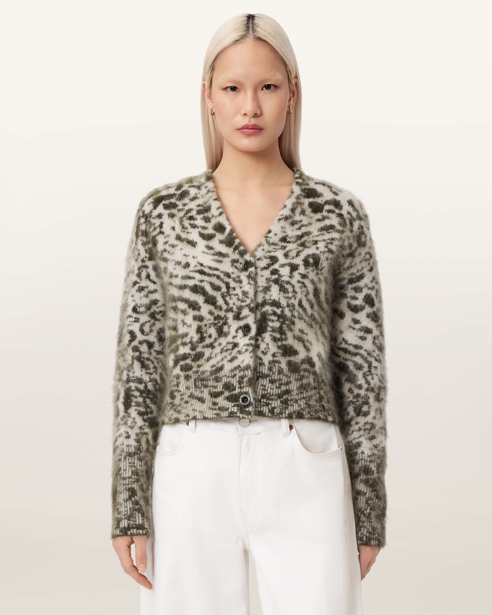 AllSaints Wick Amur Jacquard Cardigan,, Chalk White/Green