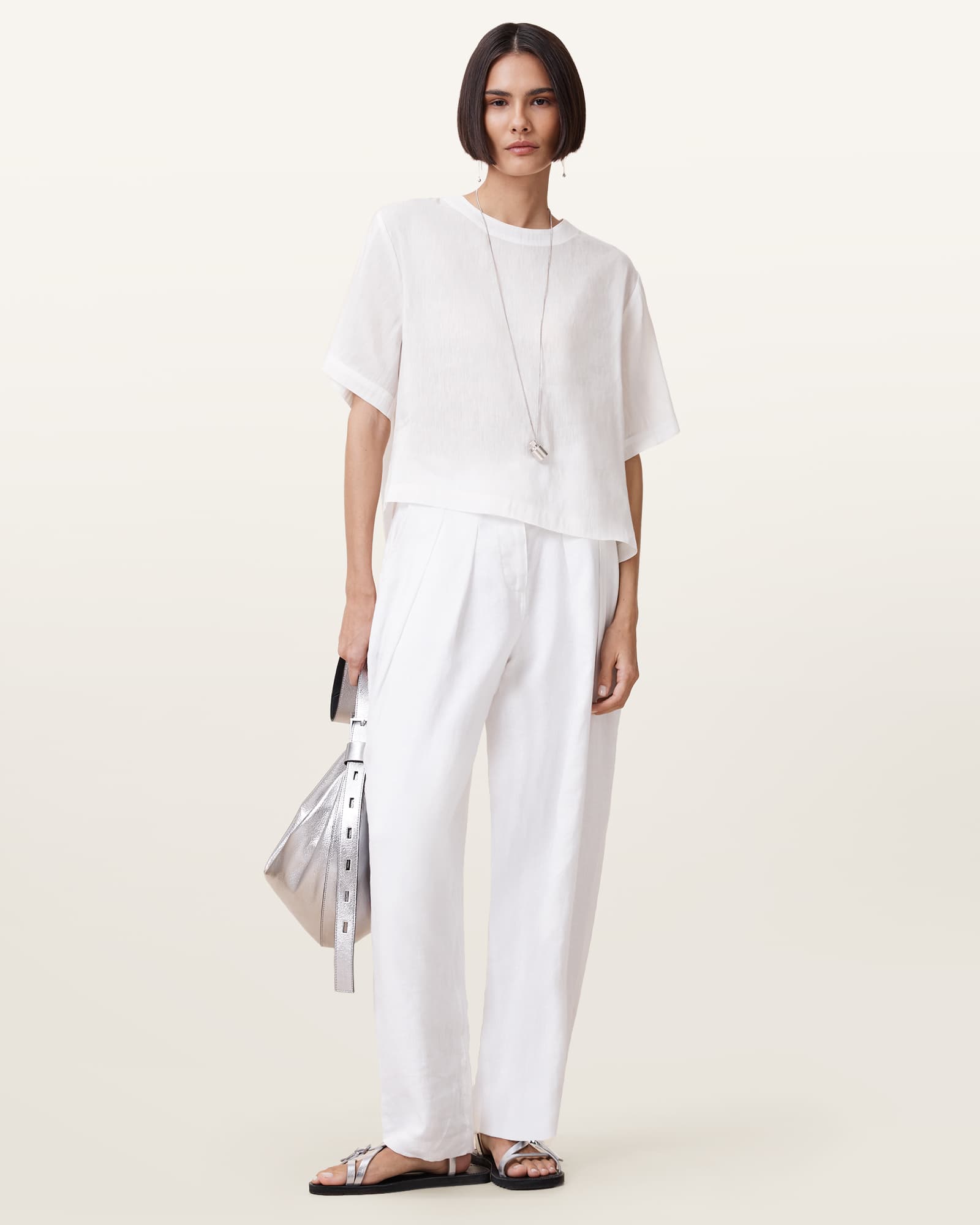 AllSaints Becca Linen Barrel Leg Trousers,, Antique White