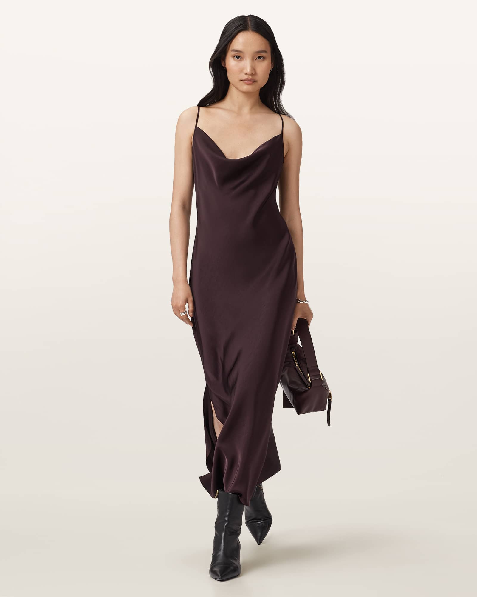 Allsaints Womens Oxblood Red Hadley Cowl-neck Stretch-woven Midi Dress In Brown