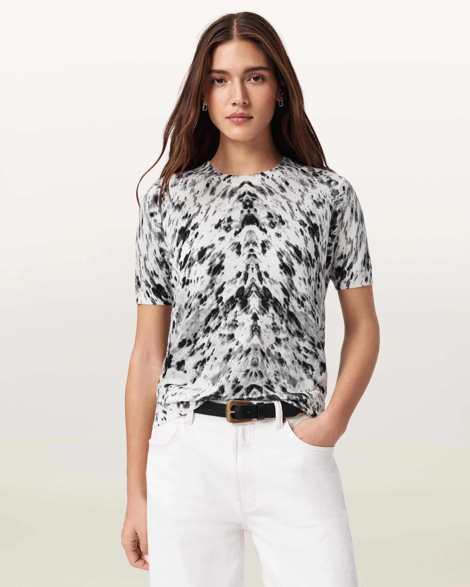 AllSaints Anouk Snake Print Merino Wool T-Shirt,, Canter Ecru White