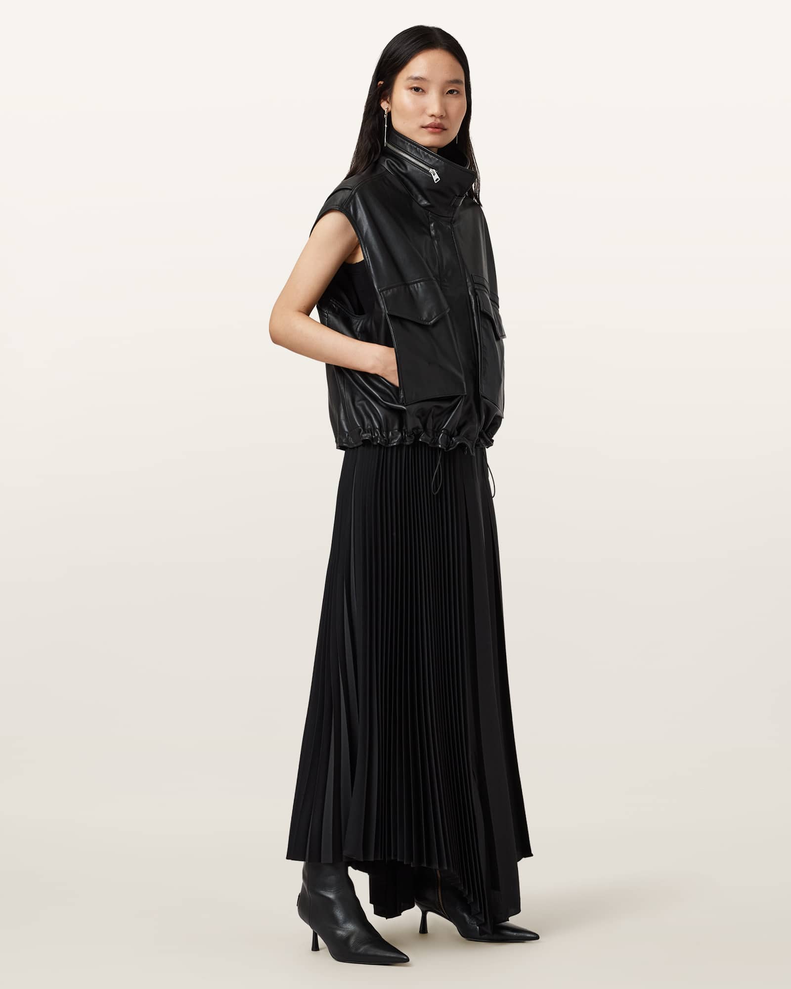 Allsaints Clay Funnel Neck Leather Gilet In Black