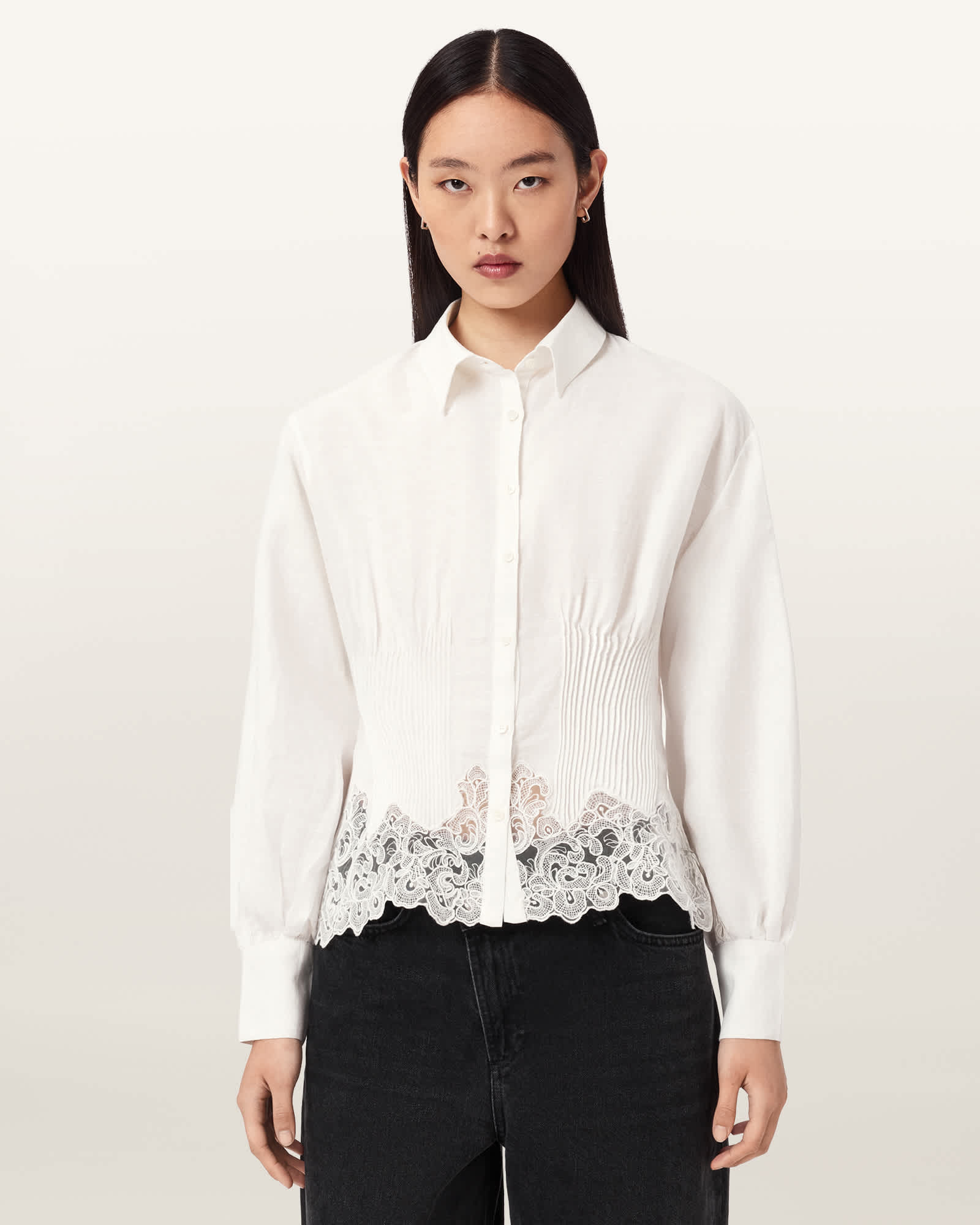 AllSaints Carol Long Sleeve Lace Trimmed Shirt,, White