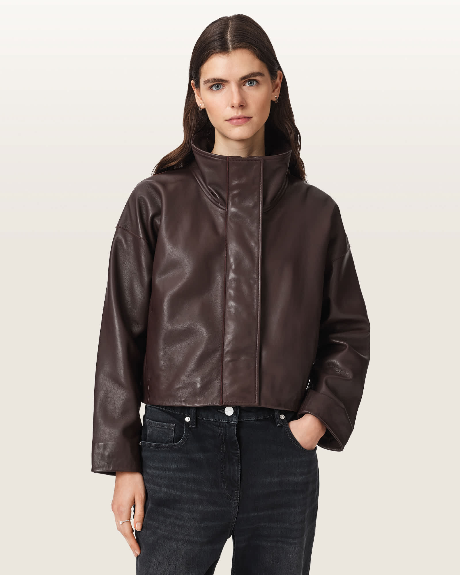 Allsaints Women's Red Ryder Funnel Neck Leather Jacket - Size  M