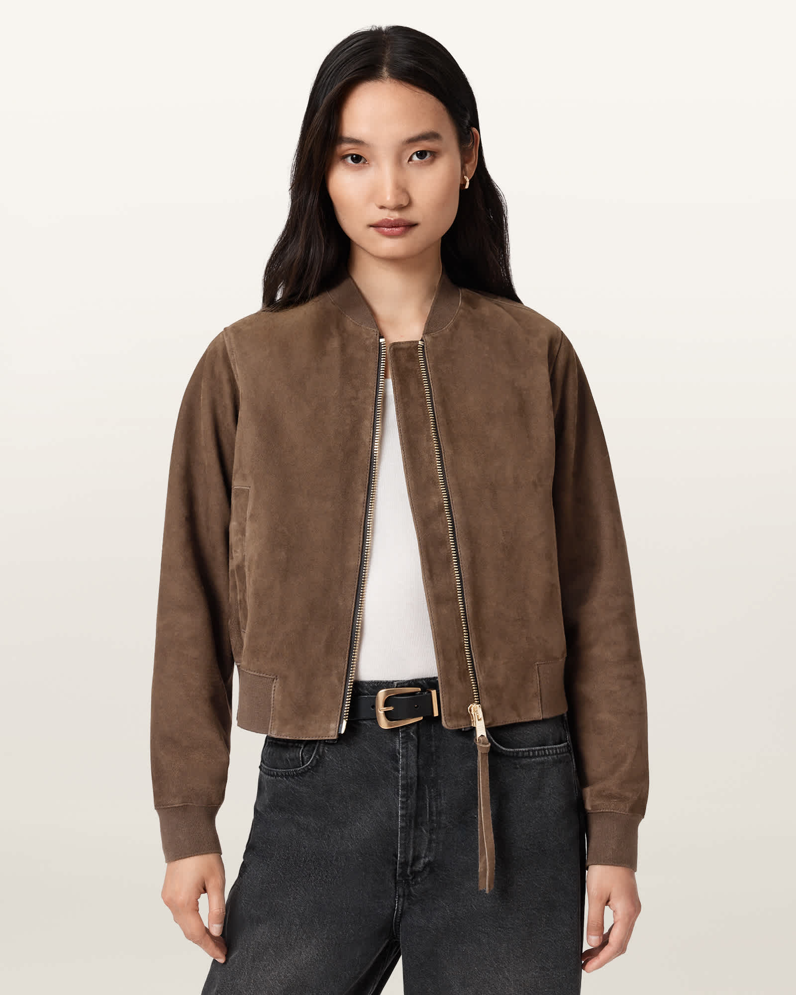 Allsaints Orten Suede Bomber Jacket In Brown
