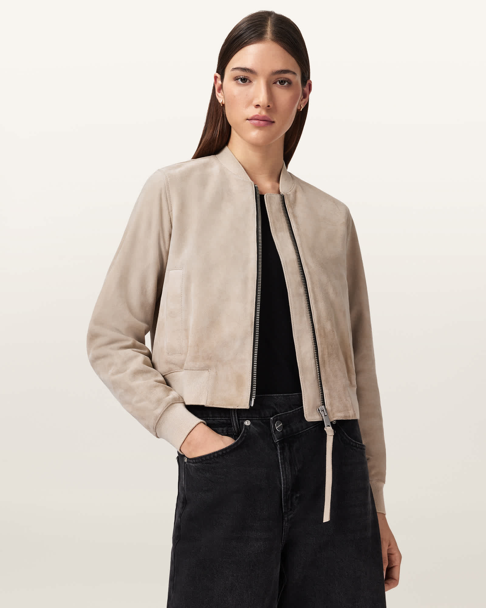 AllSaints Suede Orten Suede Bomber Jacket, Size: UK 14/US 10