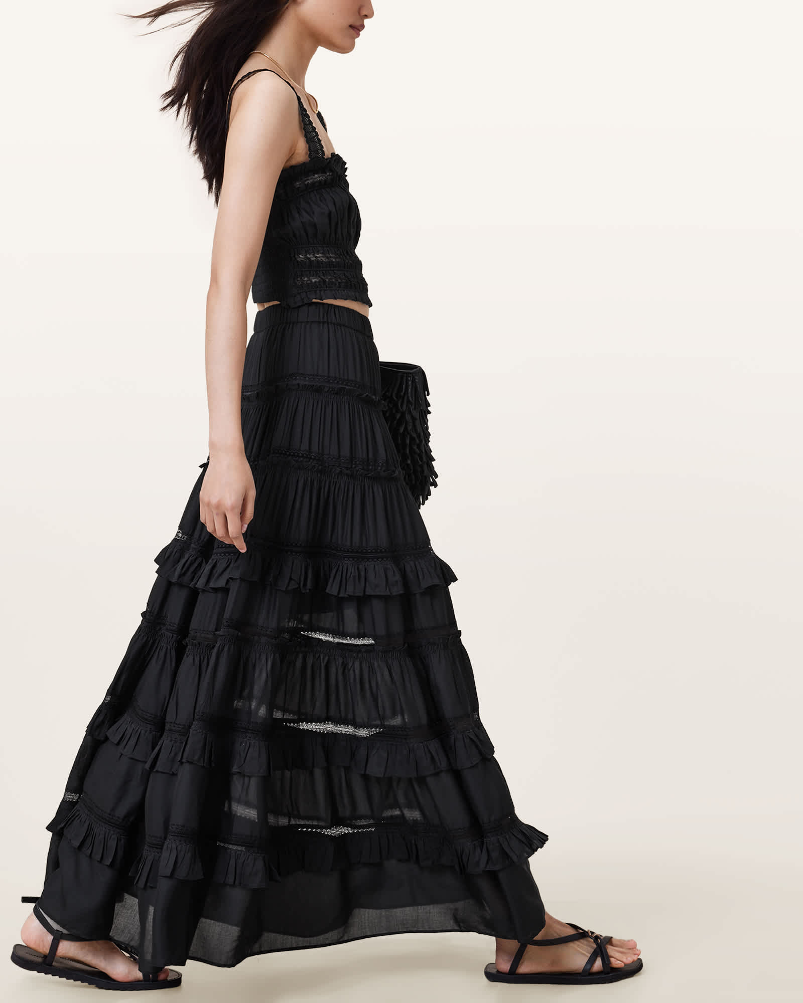 AllSaints Talia Tiered Maxi Skirt, Black