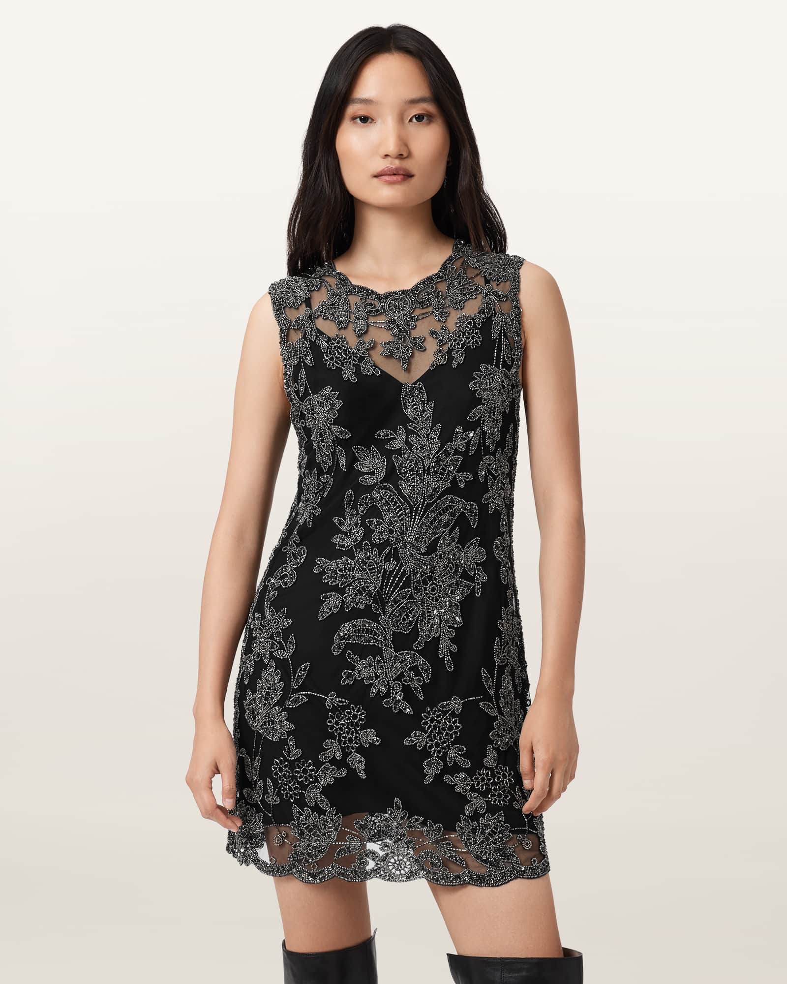 Allsaints Inaya Crystal Tapestry Minidress In Black