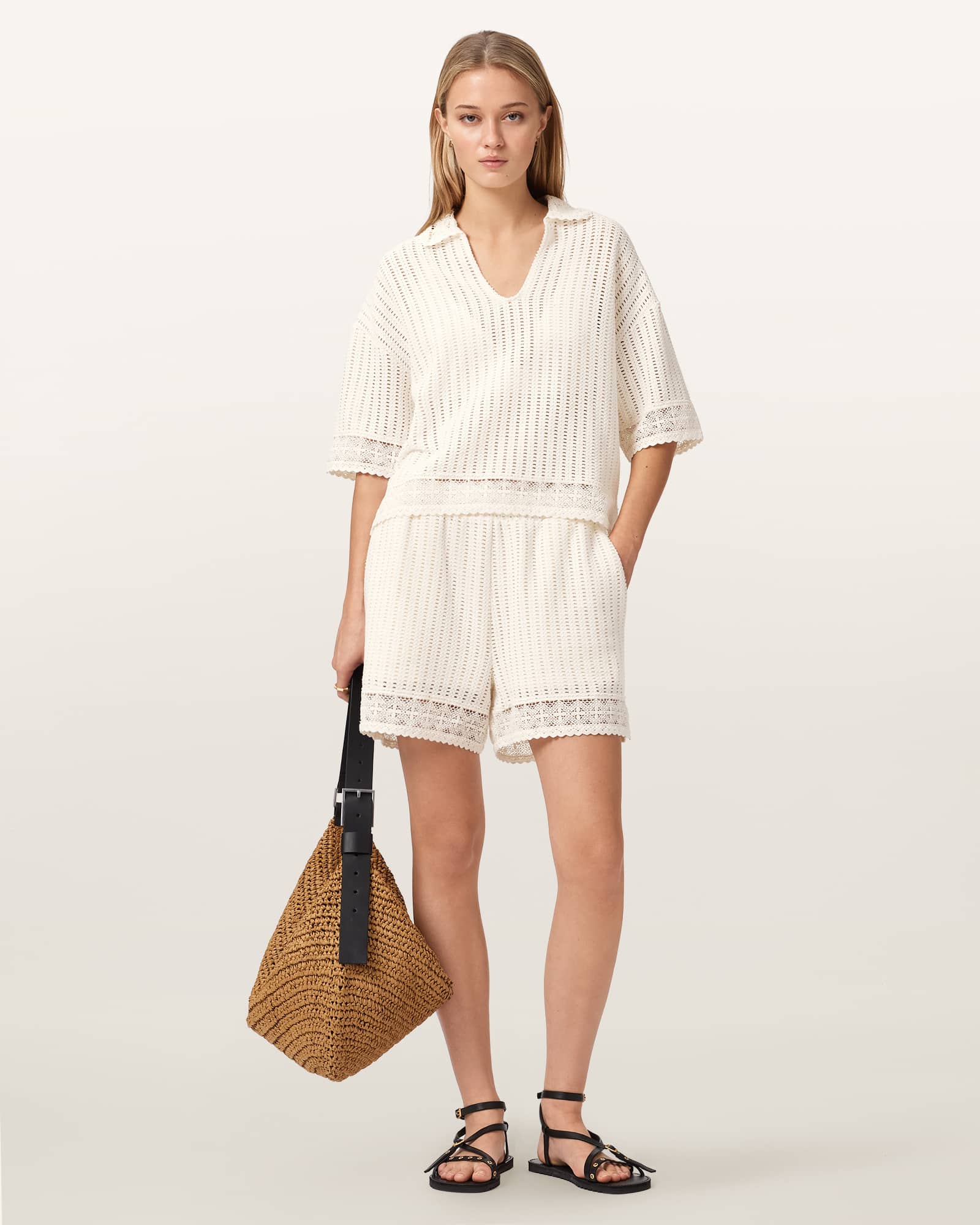 AllSaints Cotton Elma Mid Rise Crochet Cotton Shorts, Size: XS