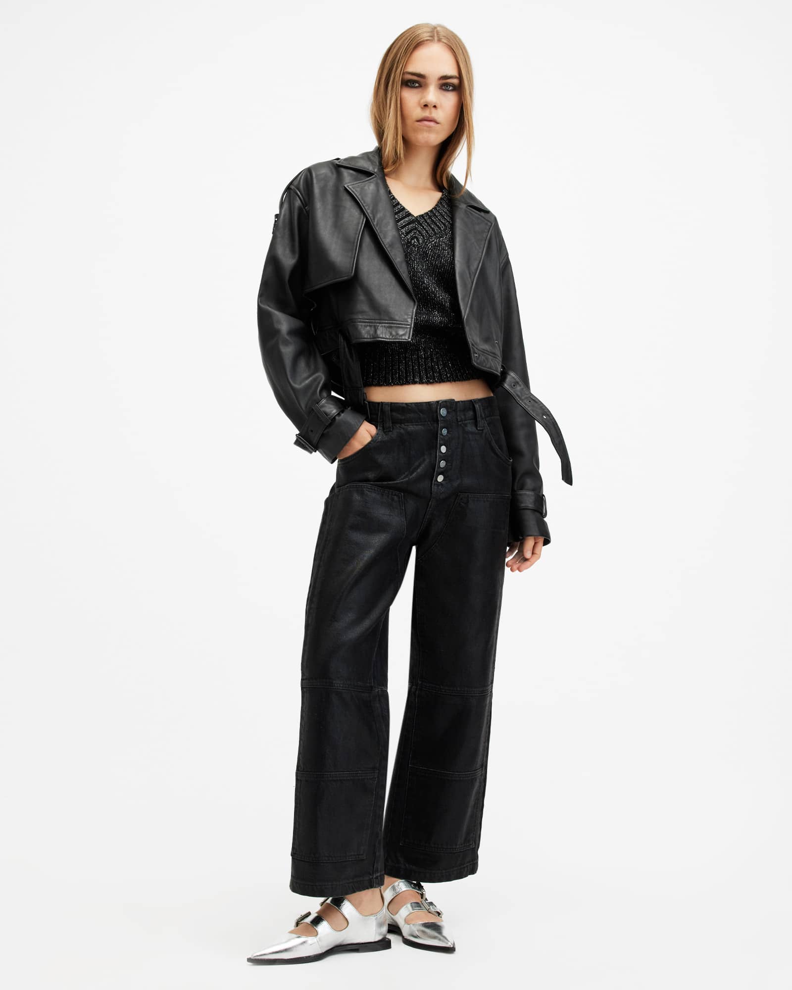 AllSaints Leather Ophelia Cropped Leather Jacket