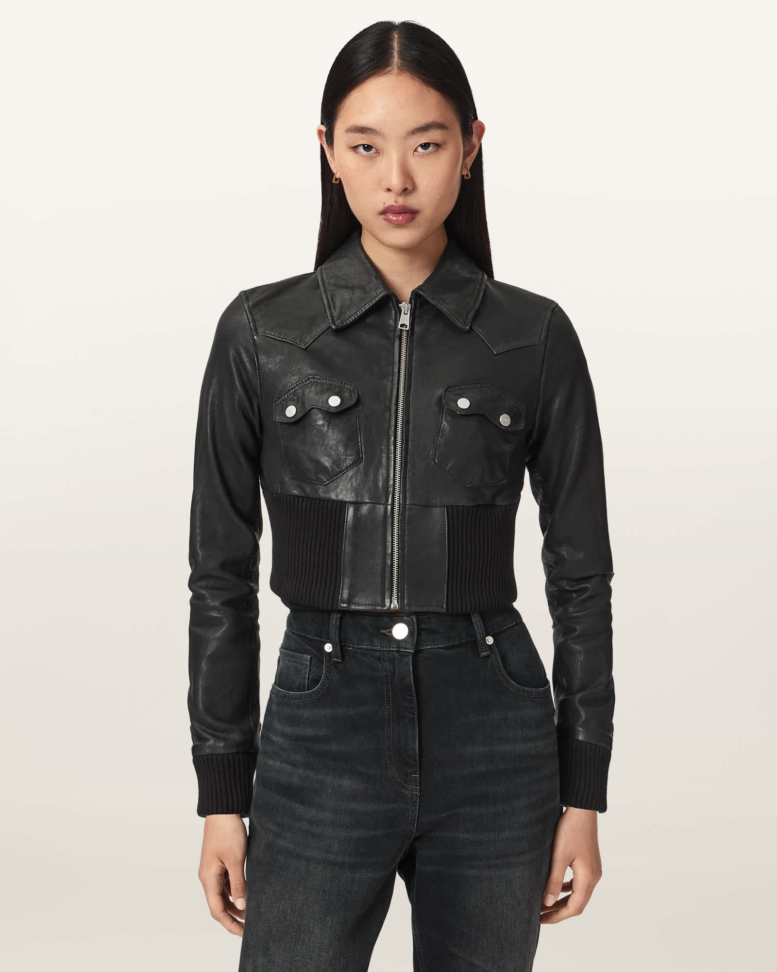 AllSaints Women's Lena Slim Flit Cropped Leather Jacket, Black, Size: 6