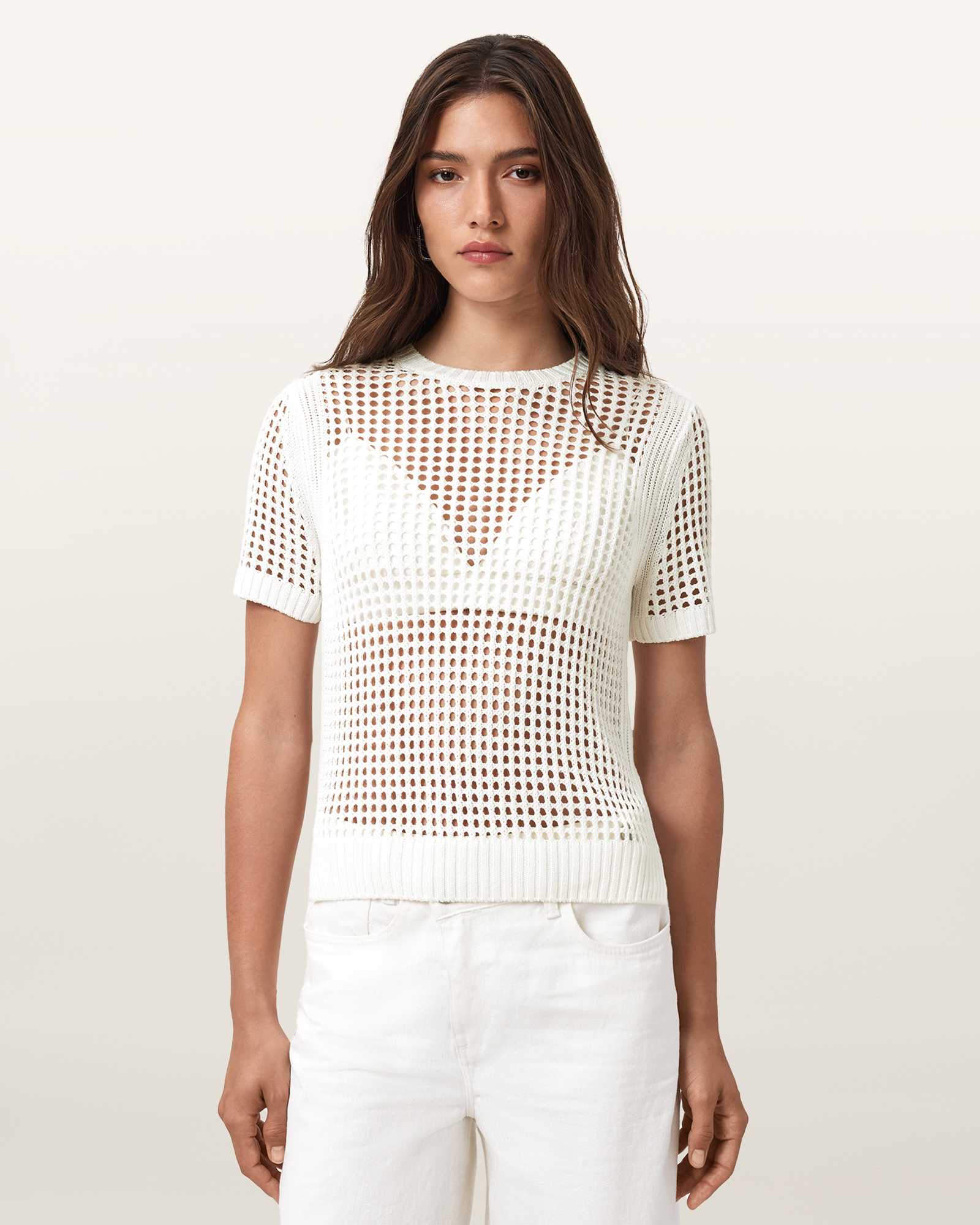 AllSaints Paloma Open-Knit T-Shirt, White