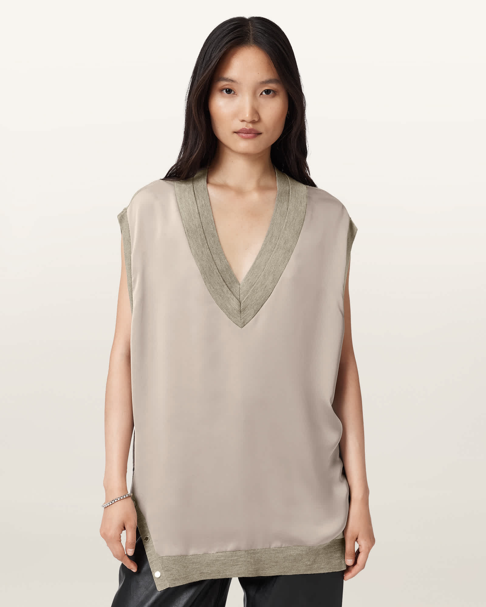 Allsaints Bern Side Snap Mixed Media Sweater Tank In White