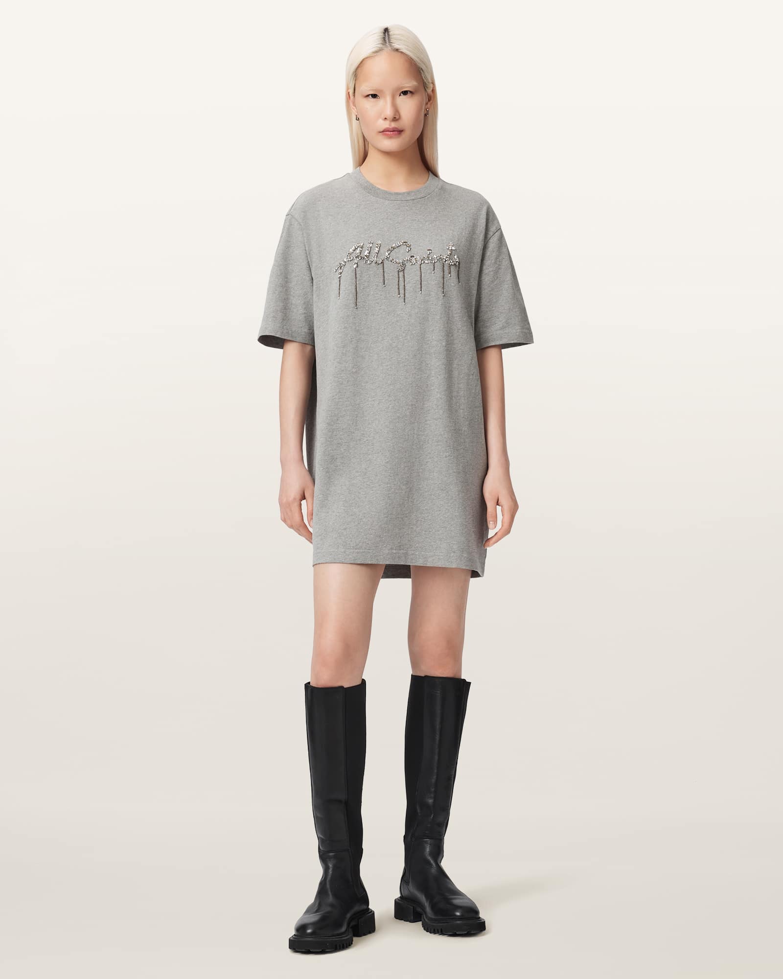 AllSaints Cotton Chains Embellished T-Shirt Mini Dress, Size: L
