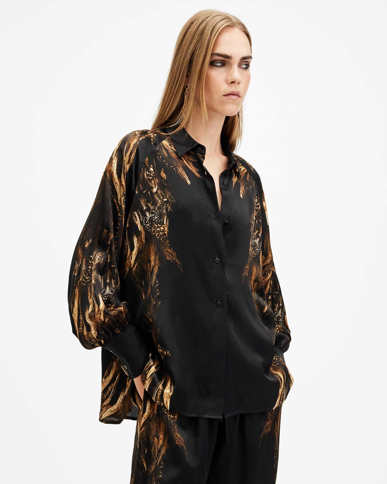 Allsaints Women's Black Oana Silk Blend Printed Shirt - Size  8
