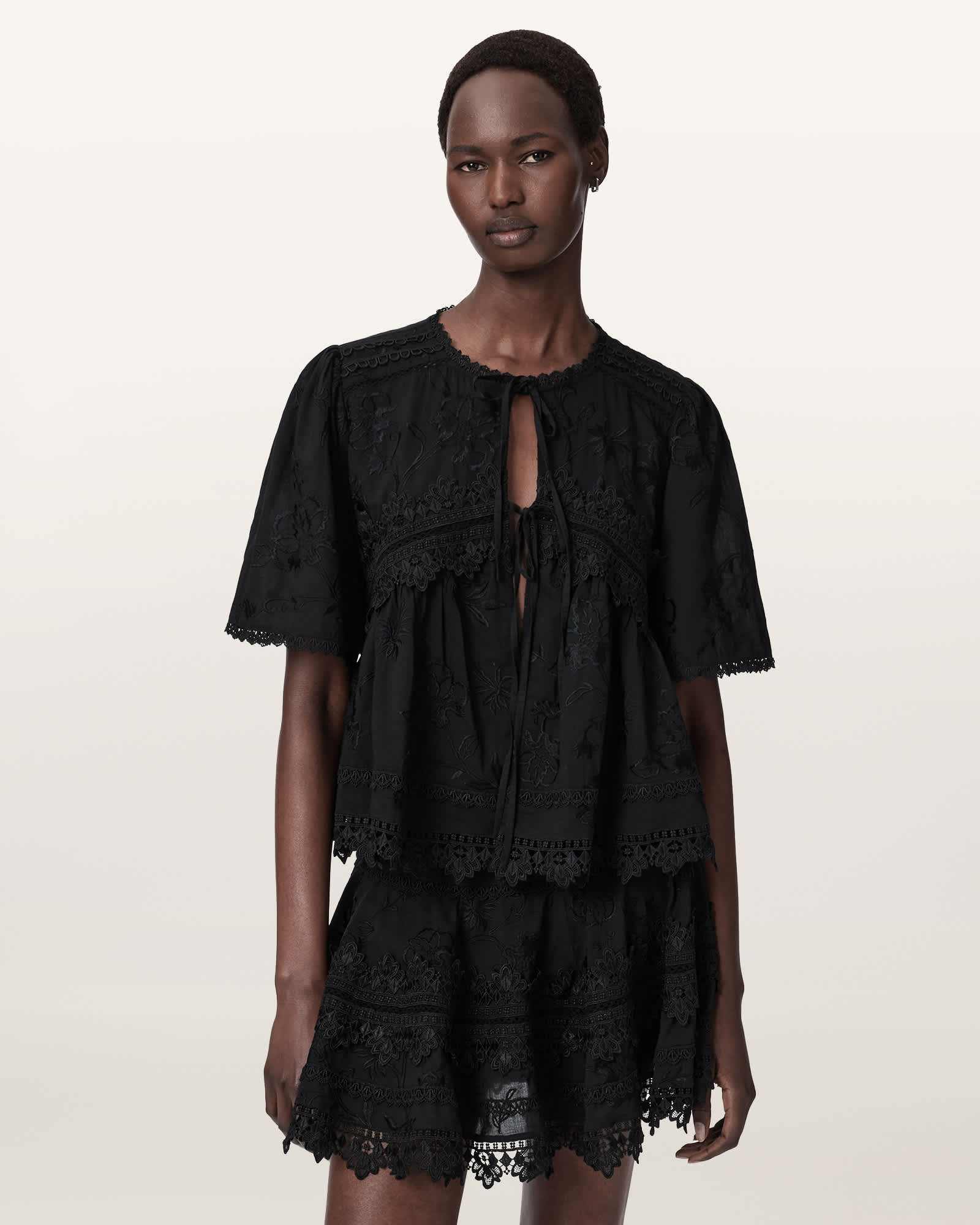 Allsaints Women's Black Lillith Embroidered Short Sleeve Top - Size  10