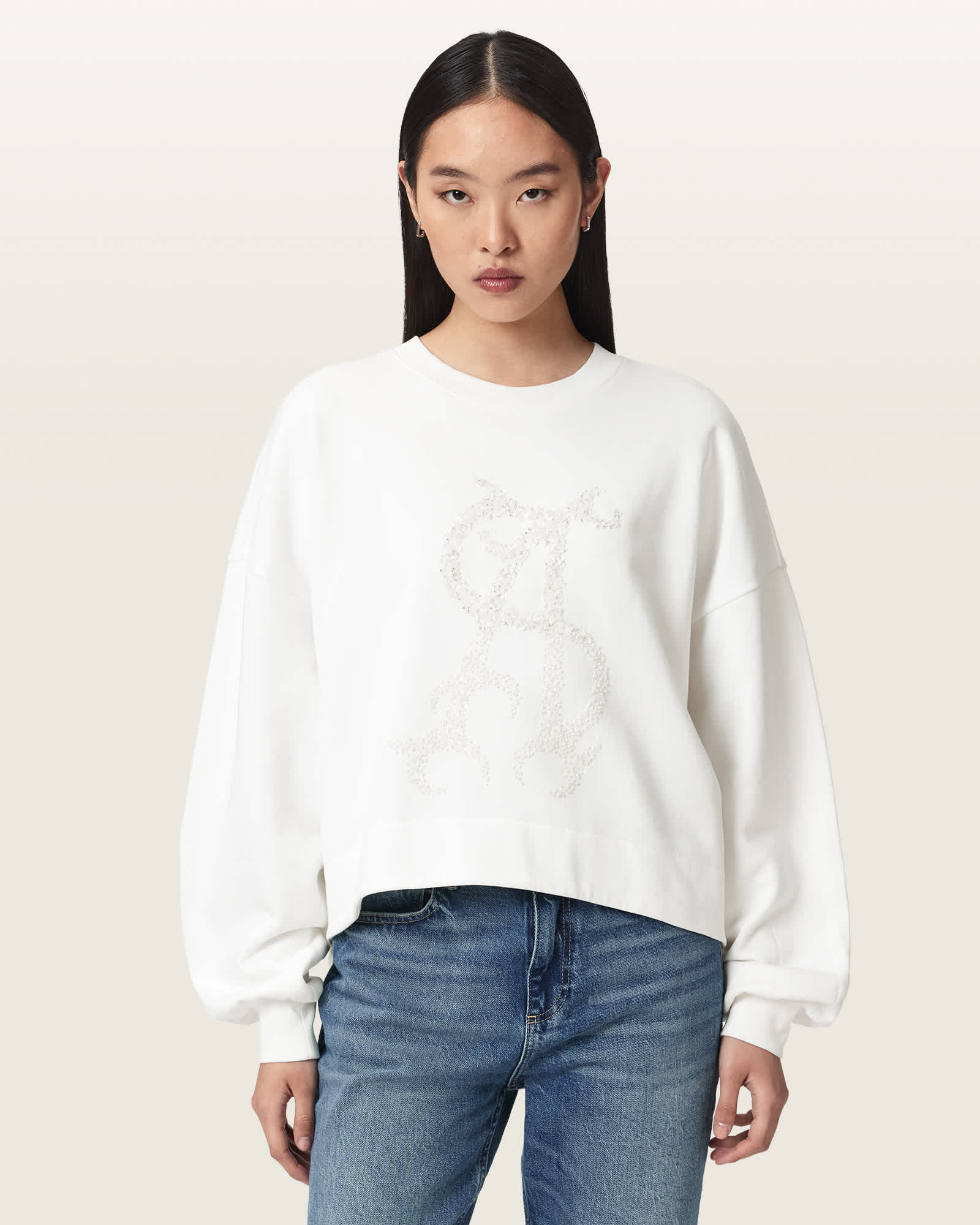 Allsaints Women's White Reflex Lila Oversized Embellished Sweatshirt - Size  S