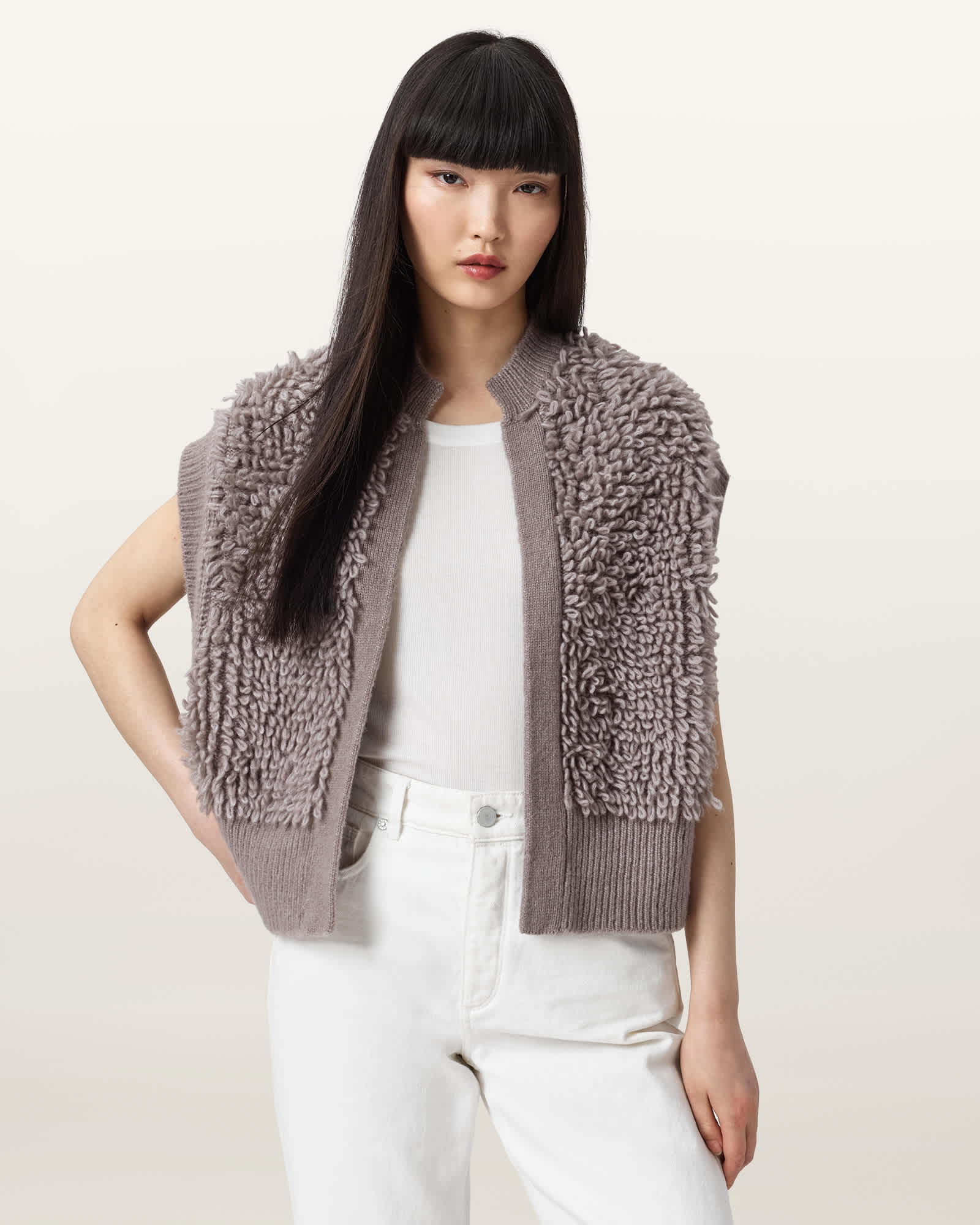 Allsaints Womens Taupe Brown Elias Relaxed-fit Textured Knitted Gilet Xs In Gray