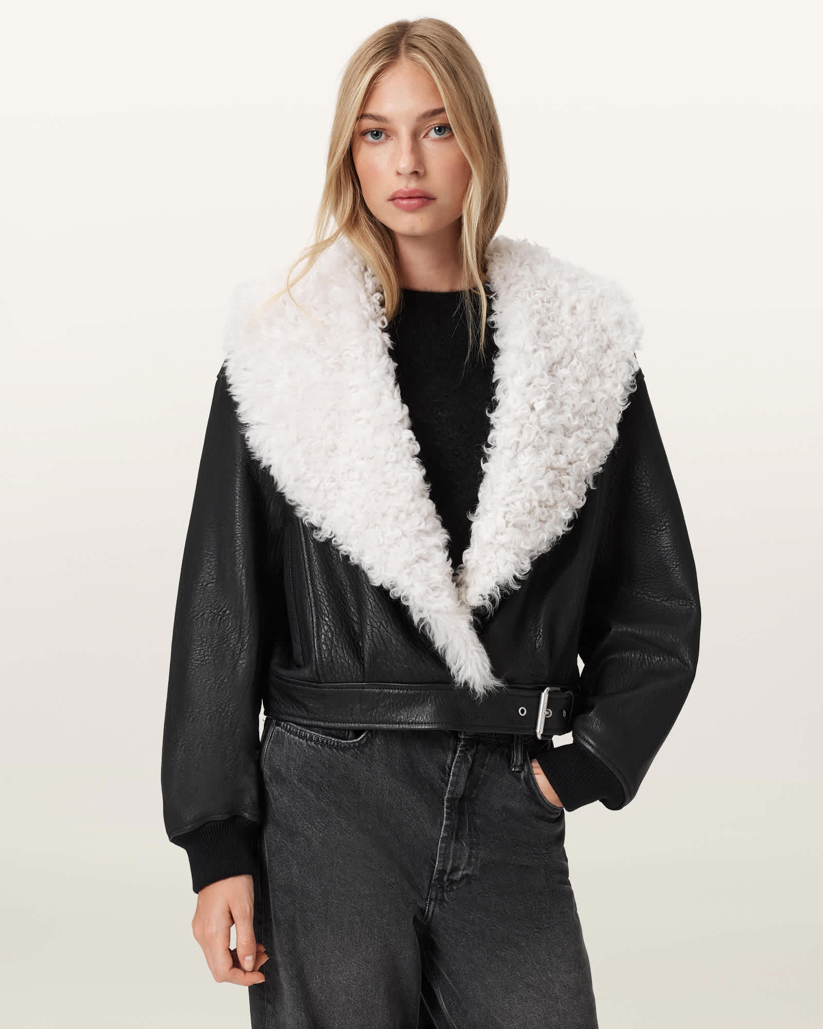 AllSaints Libra Shearling Jacket,, Black/off White