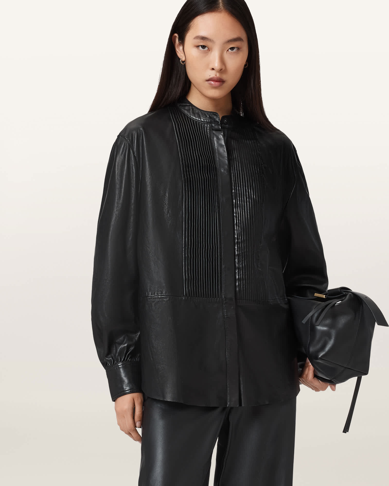 Allsaints Sara Pleated Leather Shirt In Black