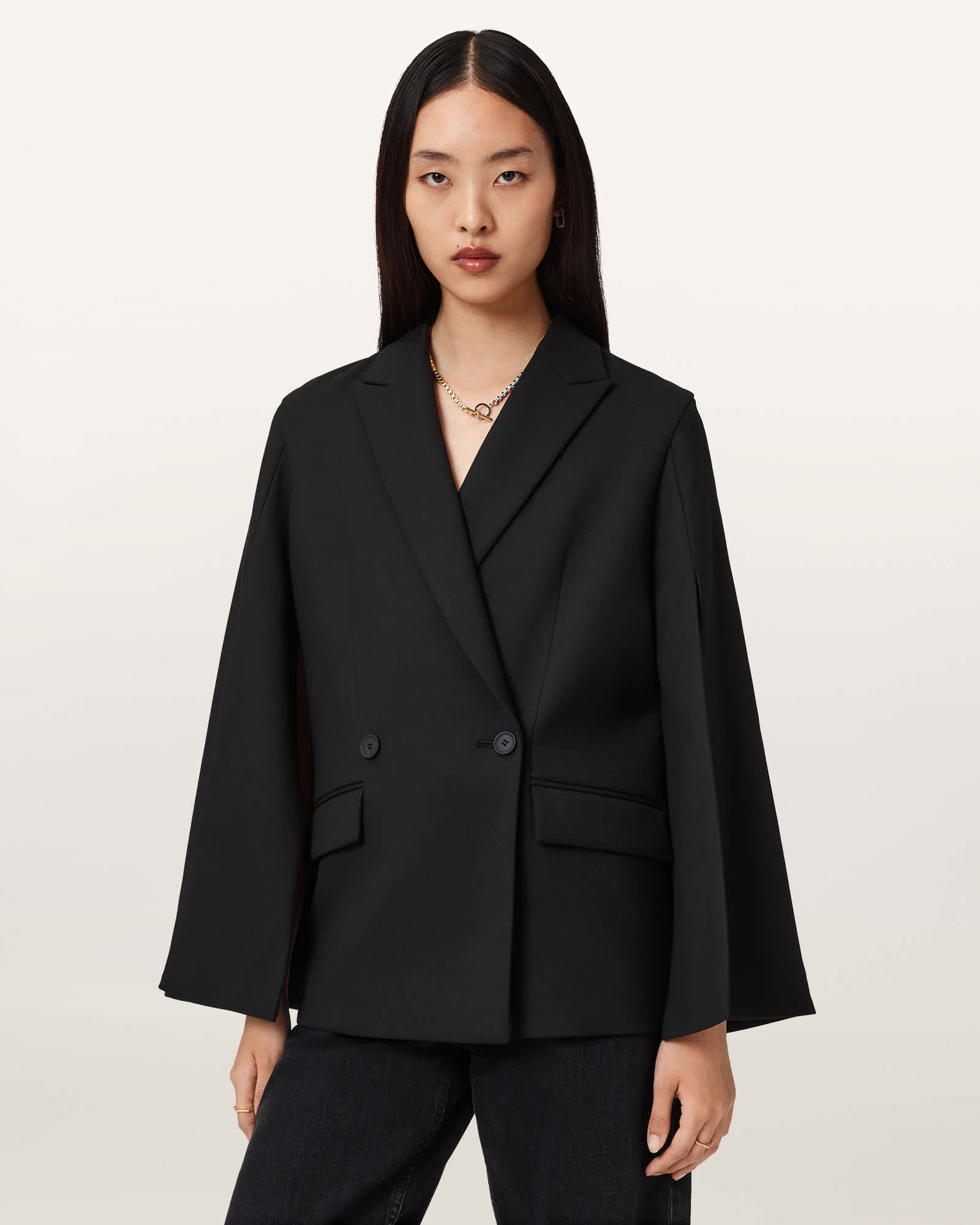 AllSaints Luna Double Breasted Cape Blazer,, Black