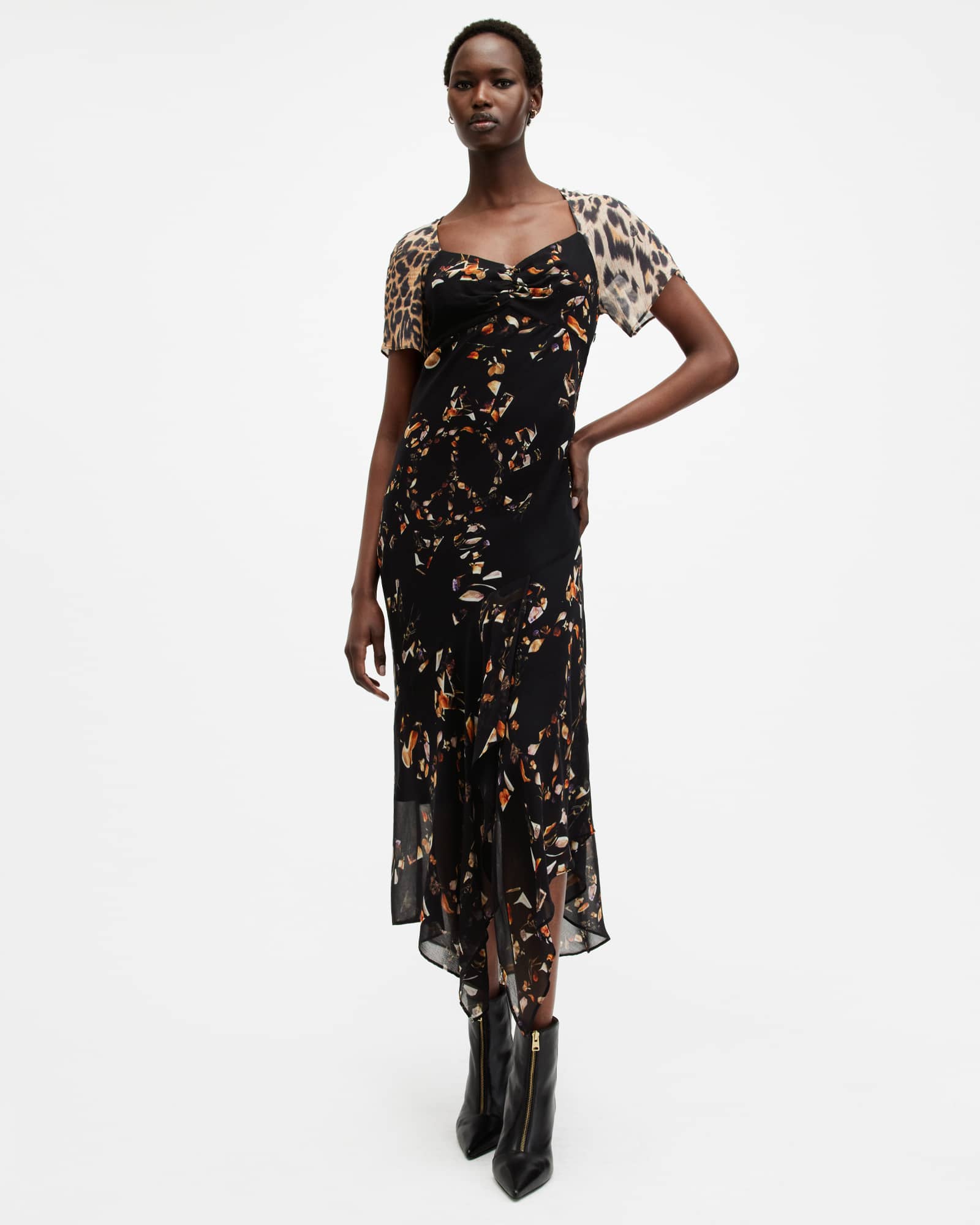 AllSaints Leah Floral Print Midi Dress,, Black