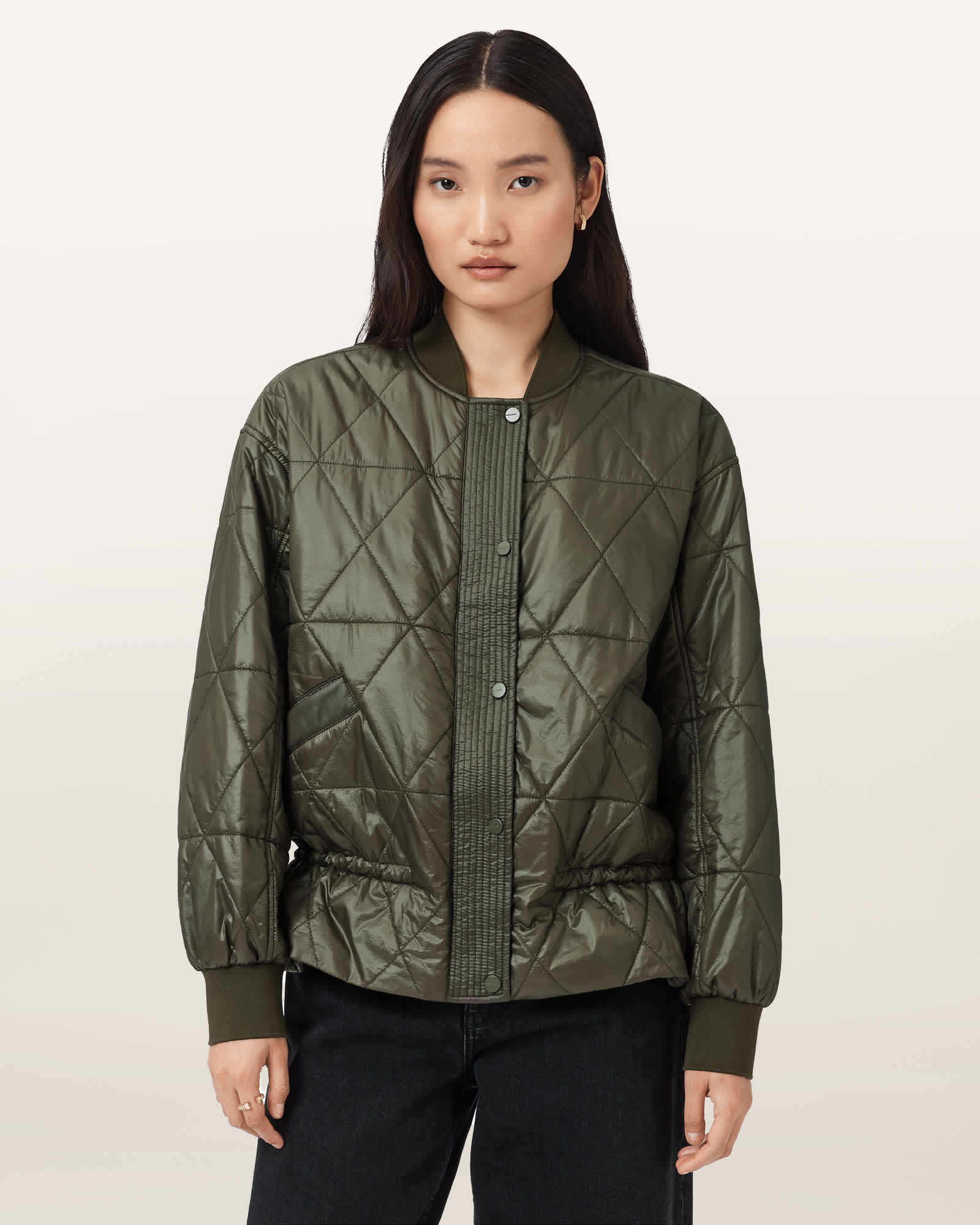 Allsaints Alii Quilted Bomber Jacket In Green