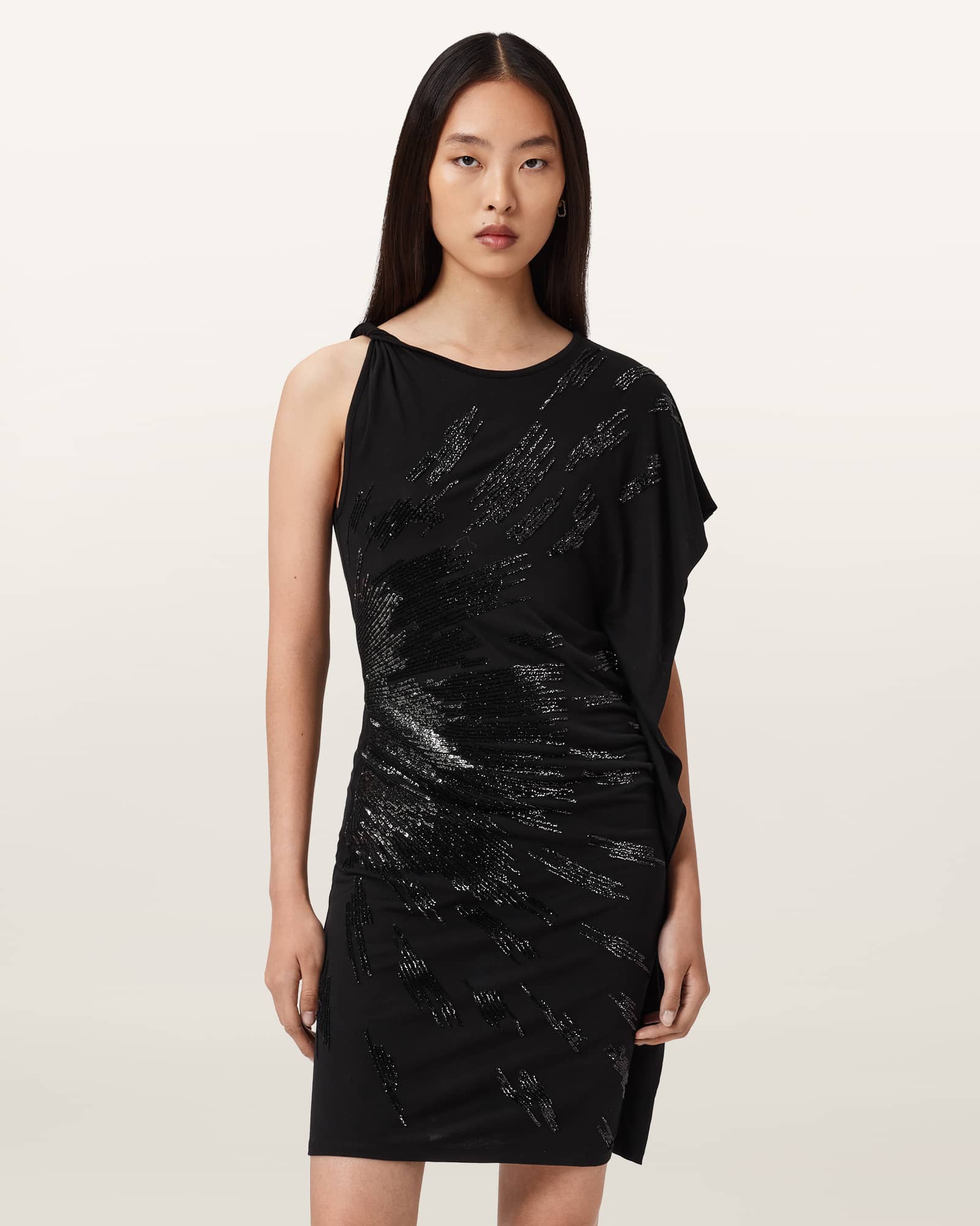 Allsaints Viscose Sophie Embellished Mini Dress In Black