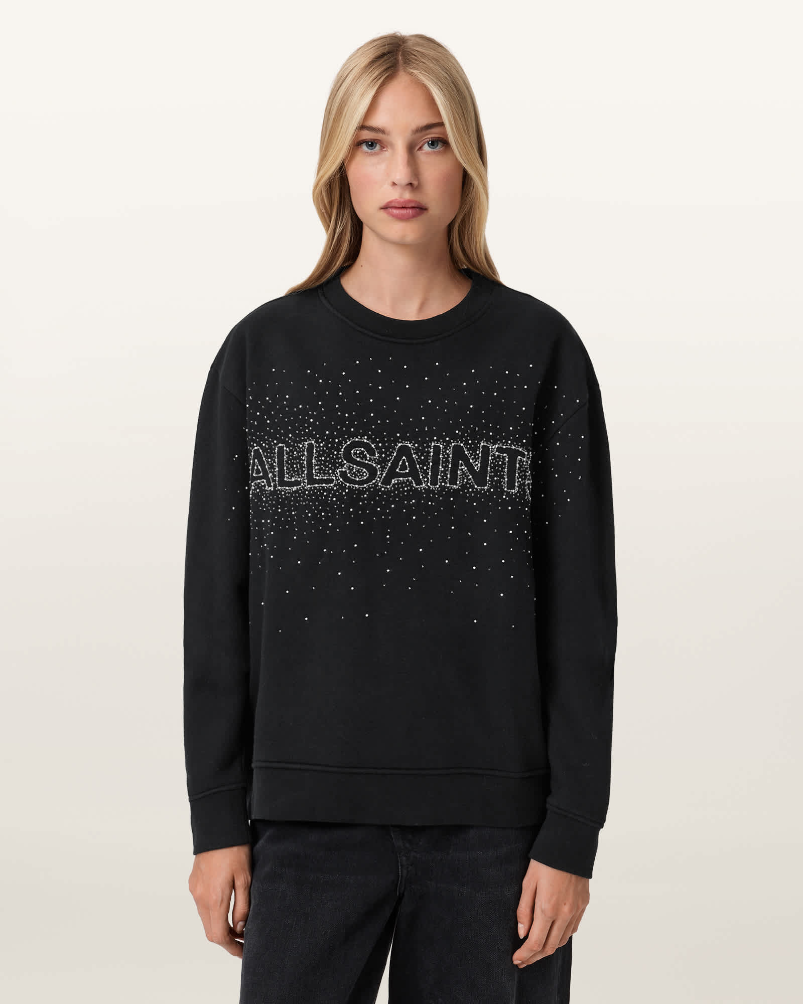 Allsaints Etta Crystal Embellished Fleece Sweatshirt In Black
