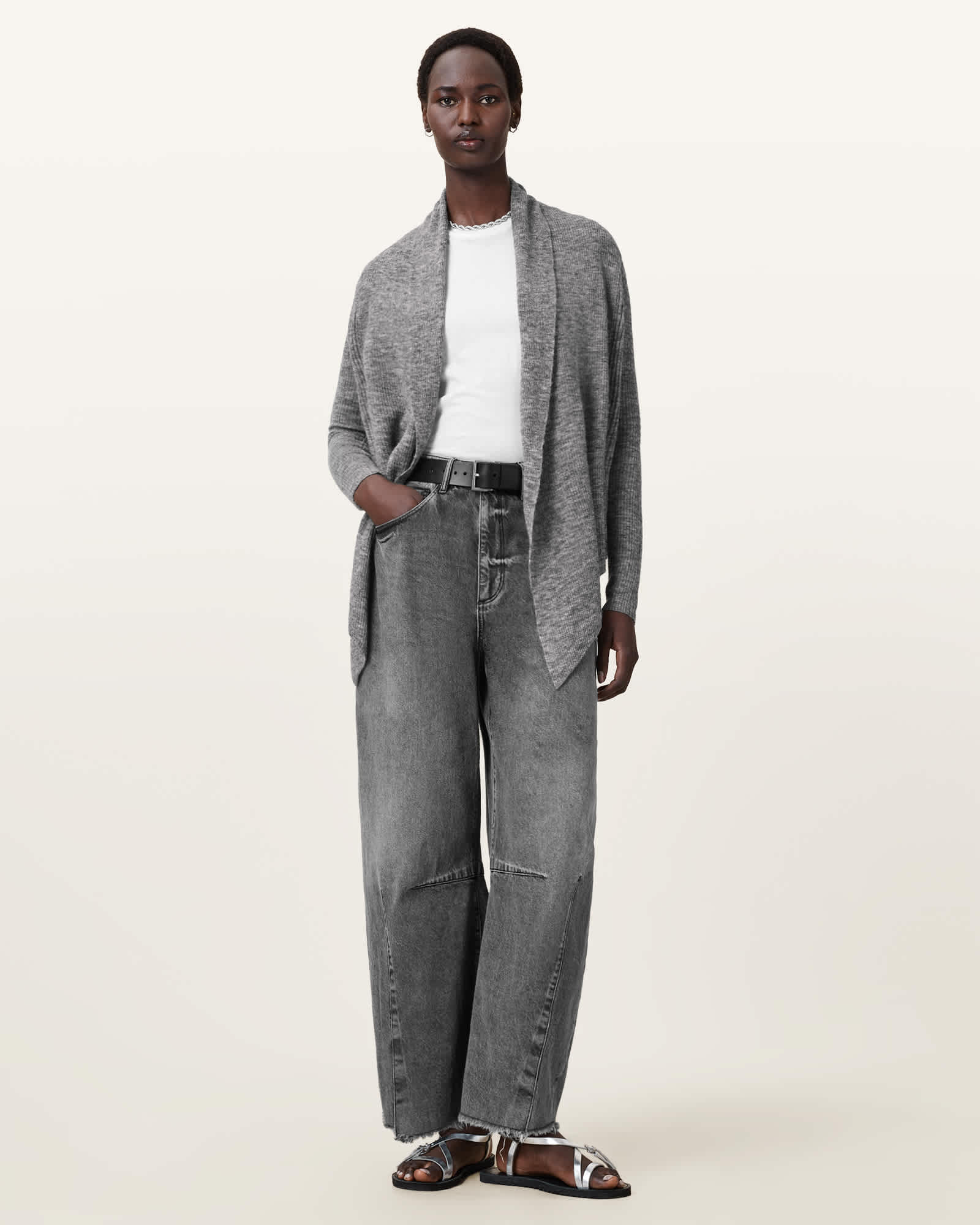 AllSaints Harper Knitted Open Cardigan,, Pale Grey