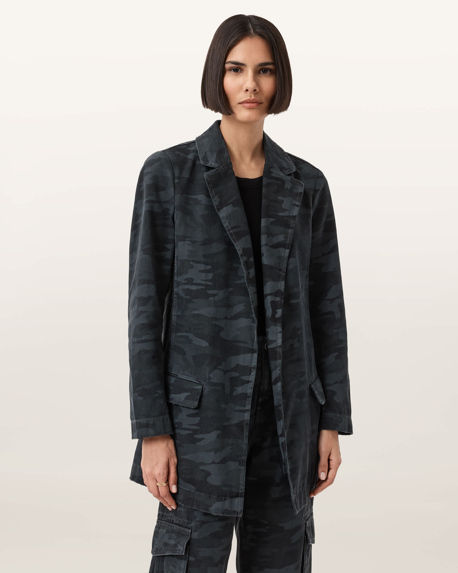 Allsaints Womens Camo Ink Blue Aleida Notch-lapel Tailored Denim Blazer In Gray