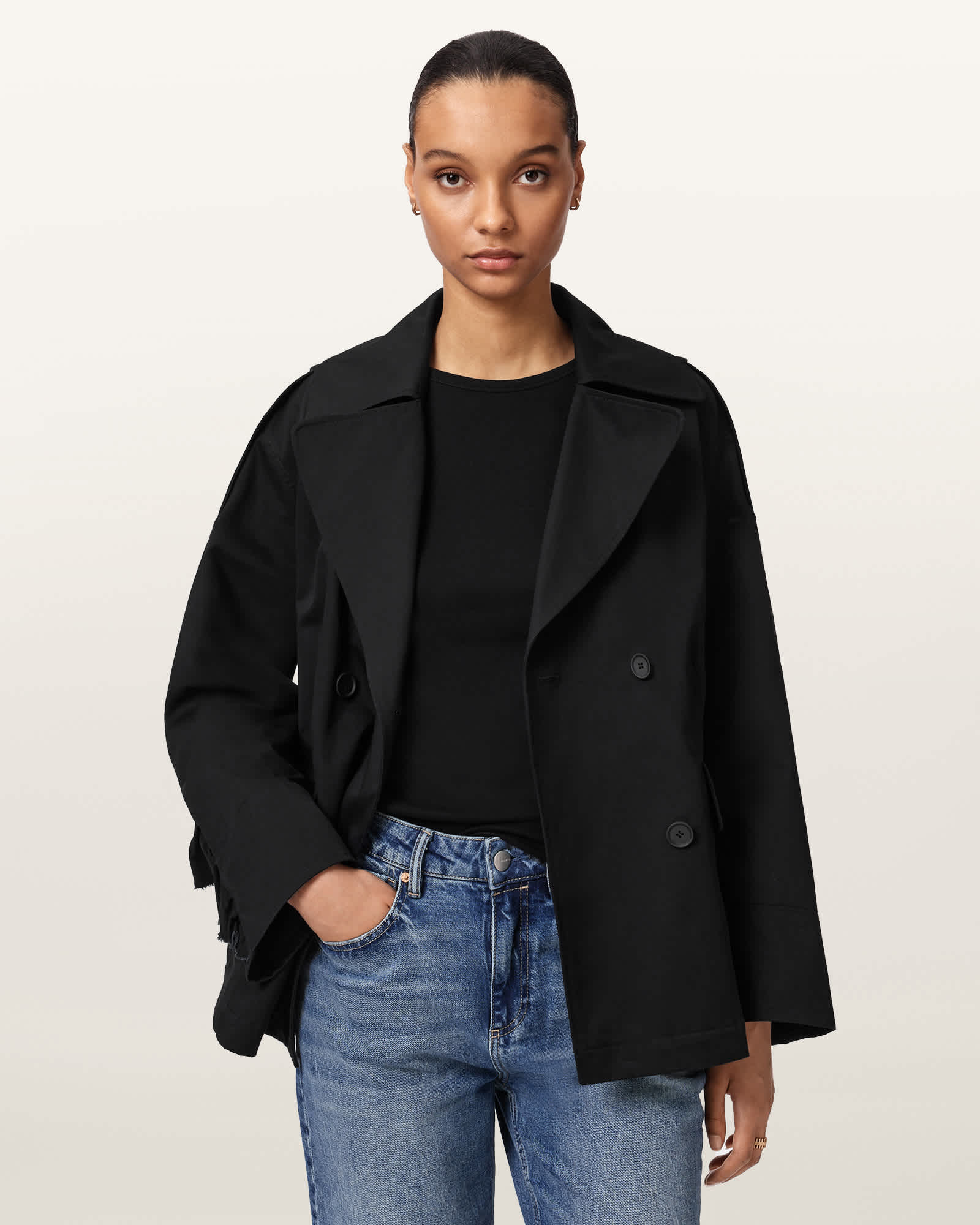 Allsaints Women's Black Connie Relaxed Fit Double Breasted Trench Coat - Size  L