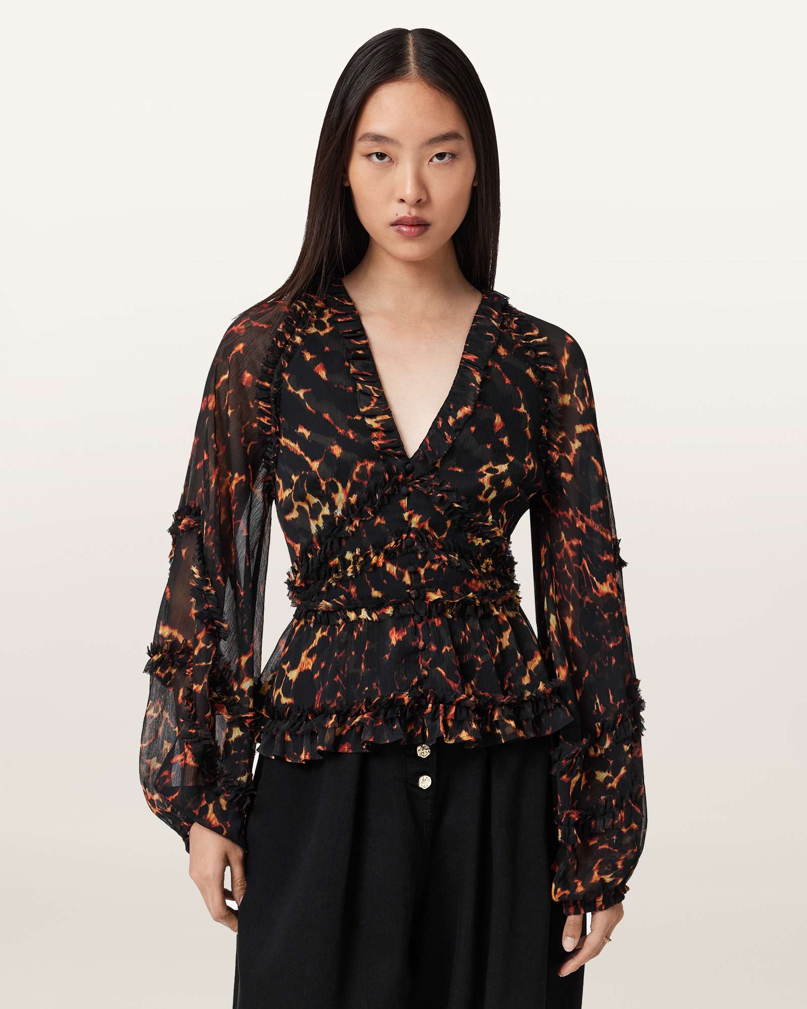 Allsaints Ruffled Animal-print Blouse In Black
