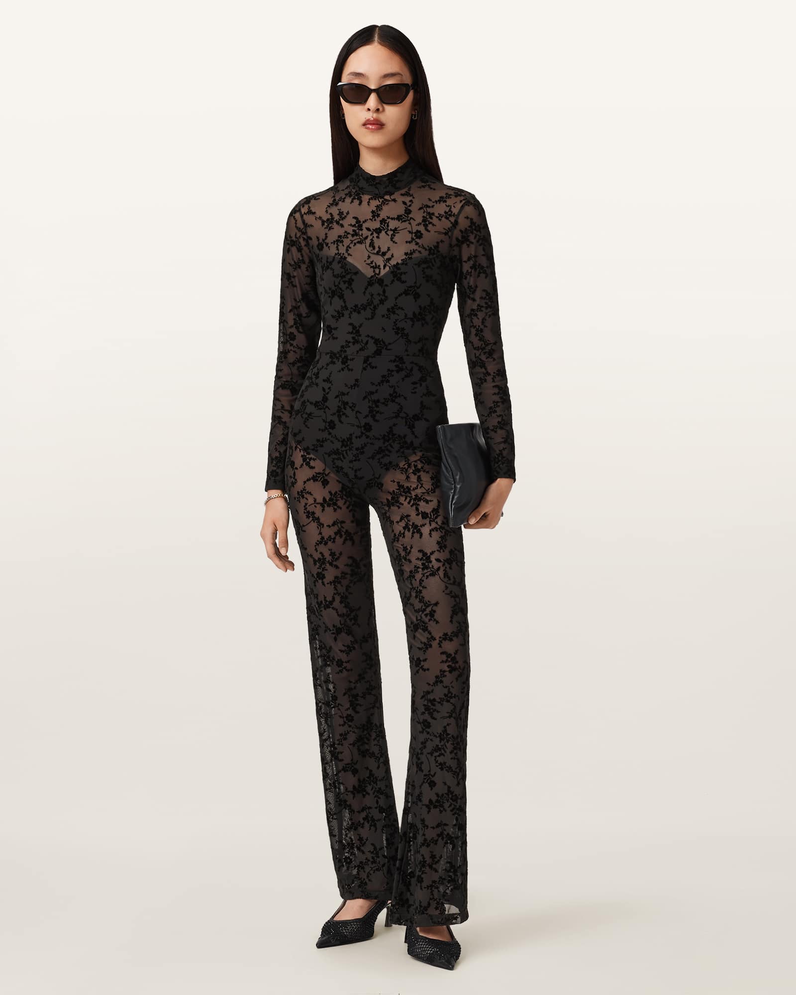 Allsaints Polyester Rylee Flock Lace Catsuit In Black