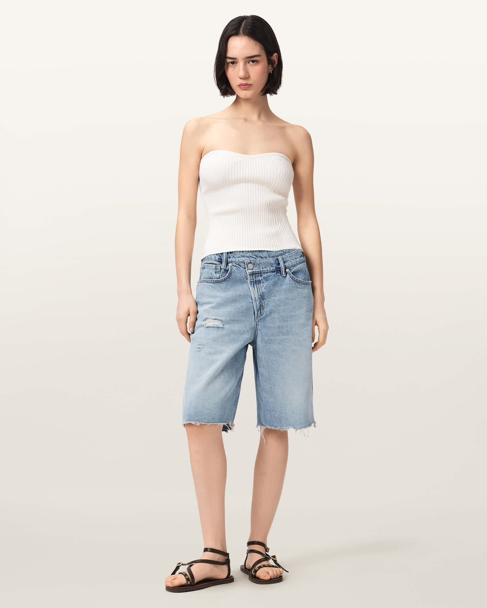 AllSaints Cotton Aki Crossover Wide Leg Denim Shorts, Size: 31