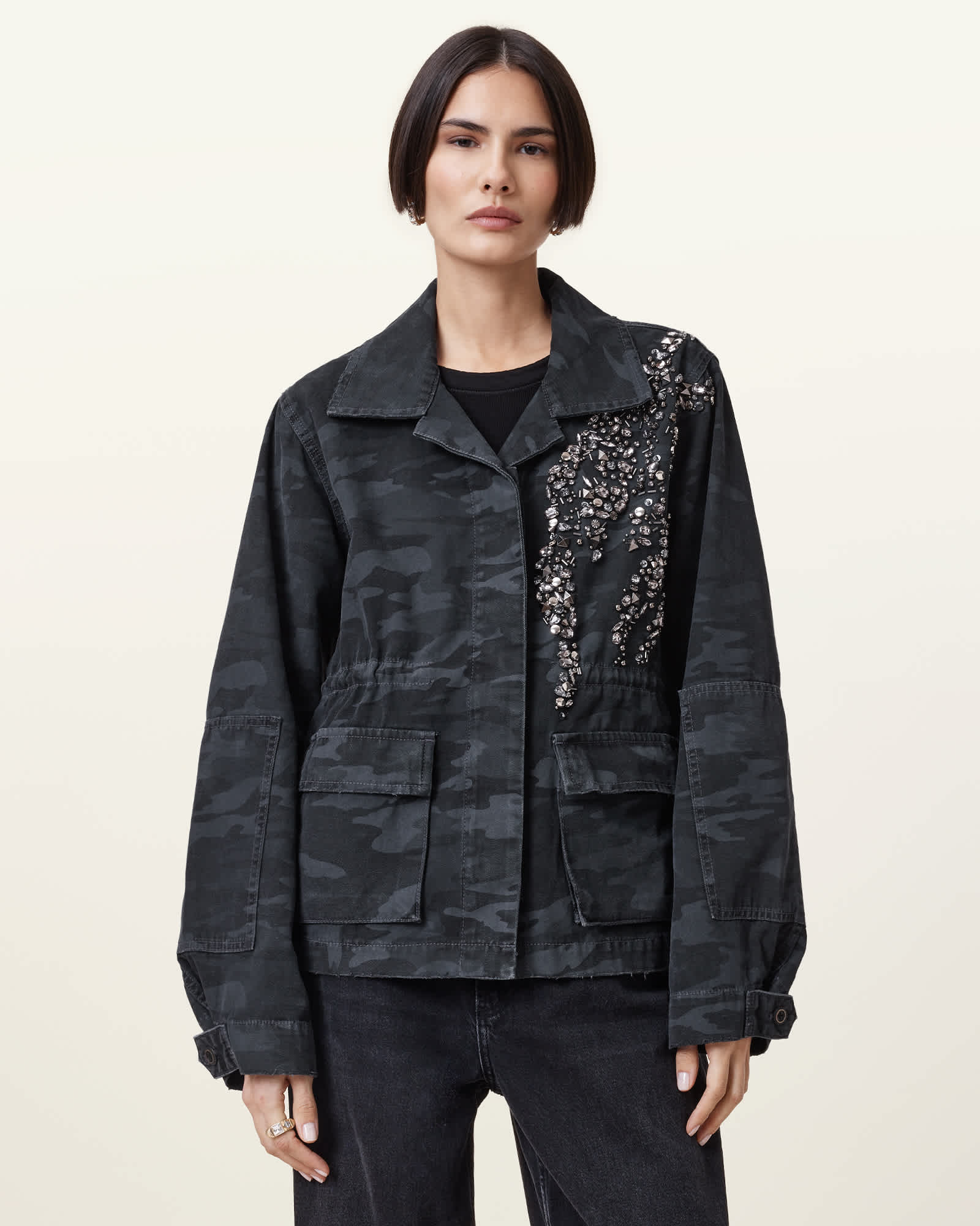 AllSaints Finch Camouflage Denim Jacket,, Ink Blue